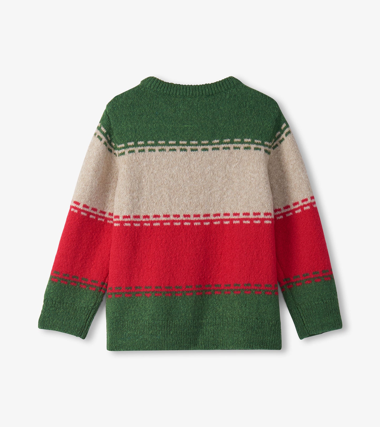Crew neck sweater featuring green, beige, and red stripes with a soft texture, suitable for boys.