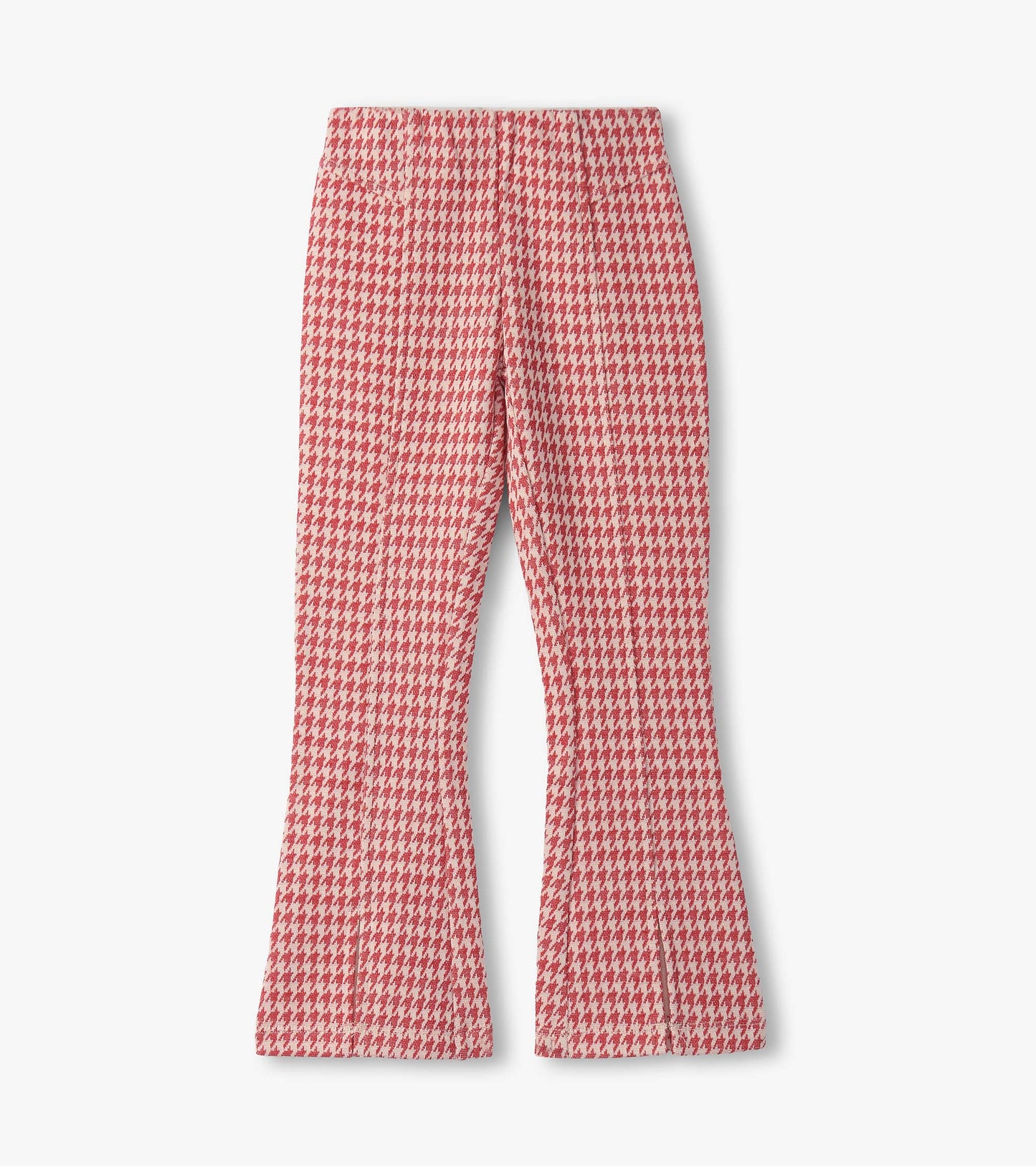 Red houndstooth bell-bottom pants with a fitted waist and flared legs, suitable for casual wear.