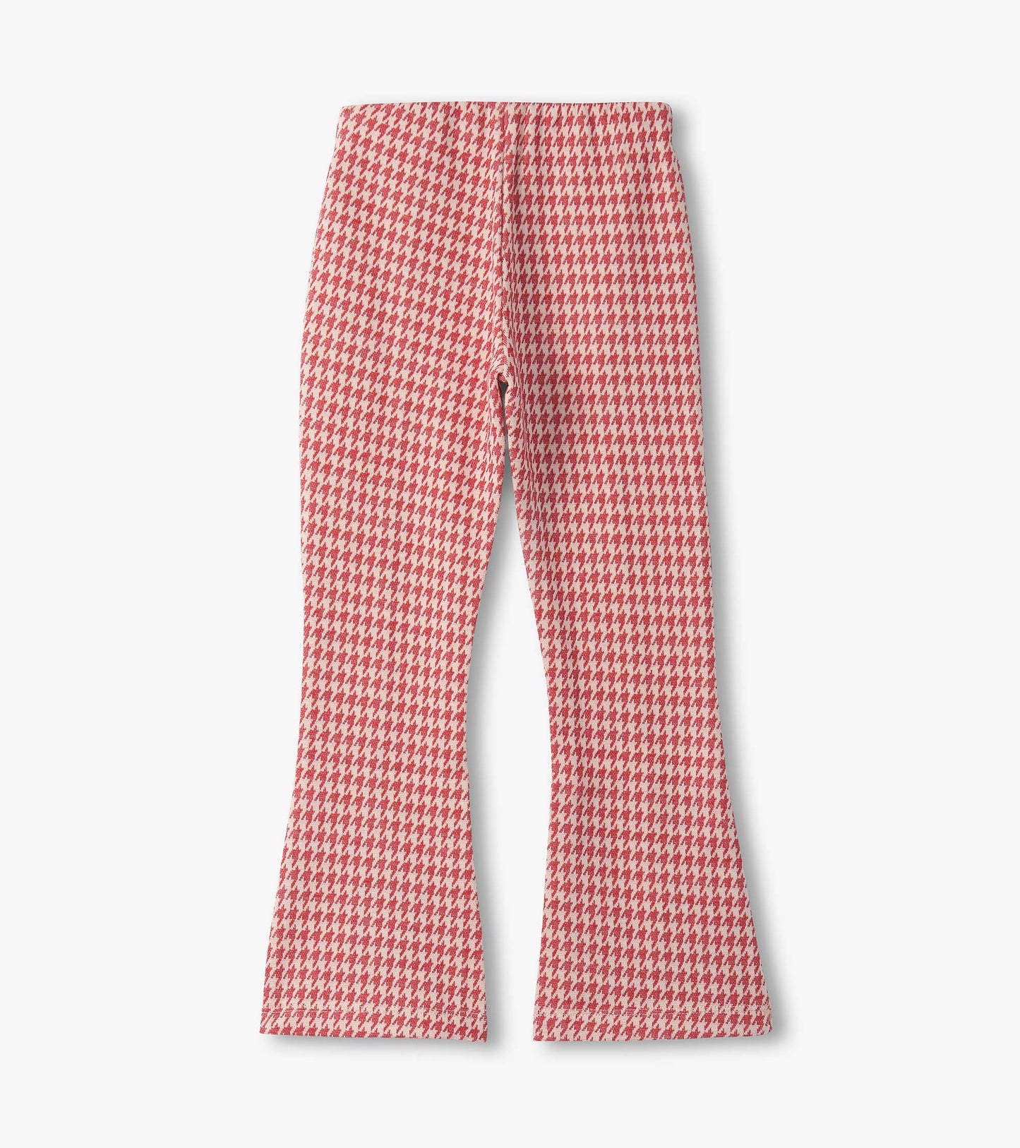 Red houndstooth bell bottom pants with a flared shape, featuring an elastic waistband for comfort.