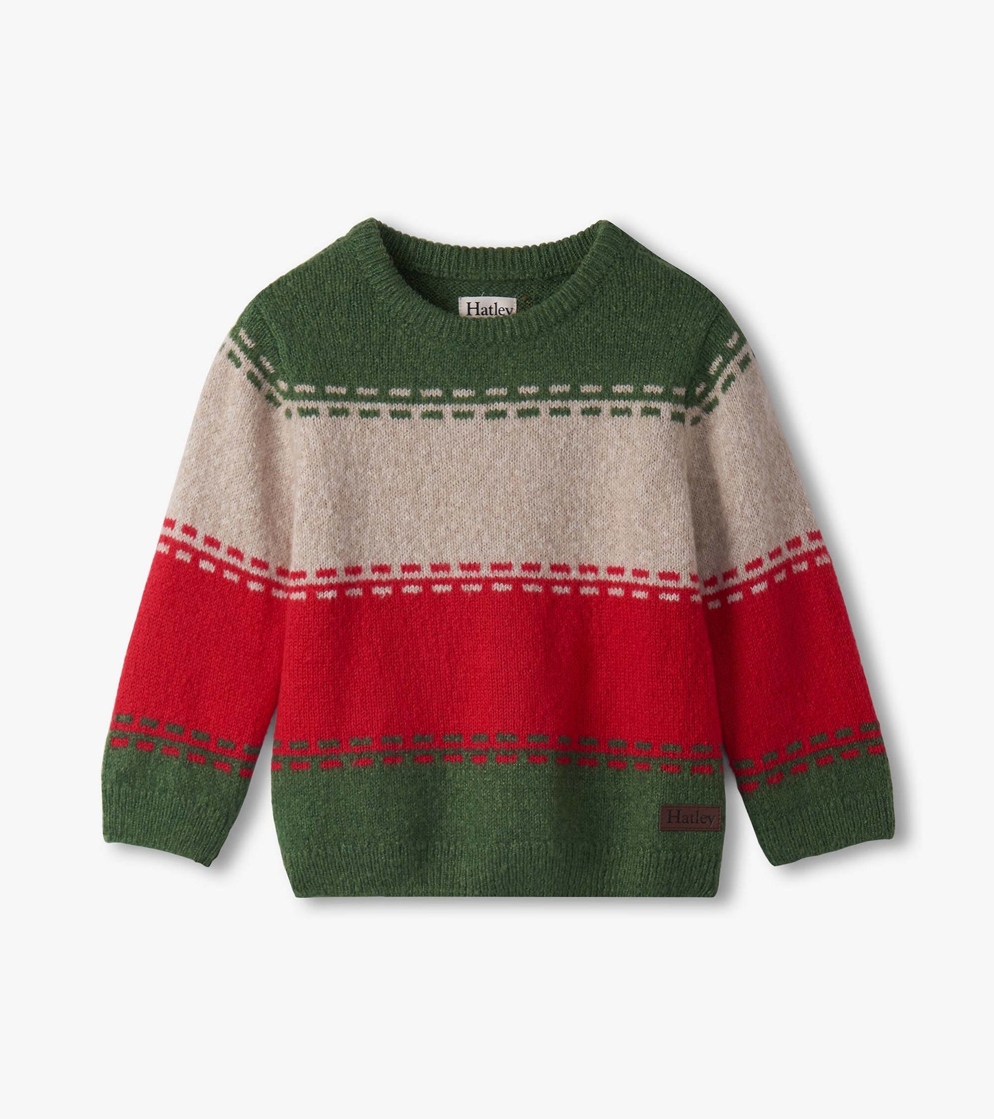 Crew neck sweater for baby boys featuring green, red, and beige stripes with decorative stitching. Soft knit material.