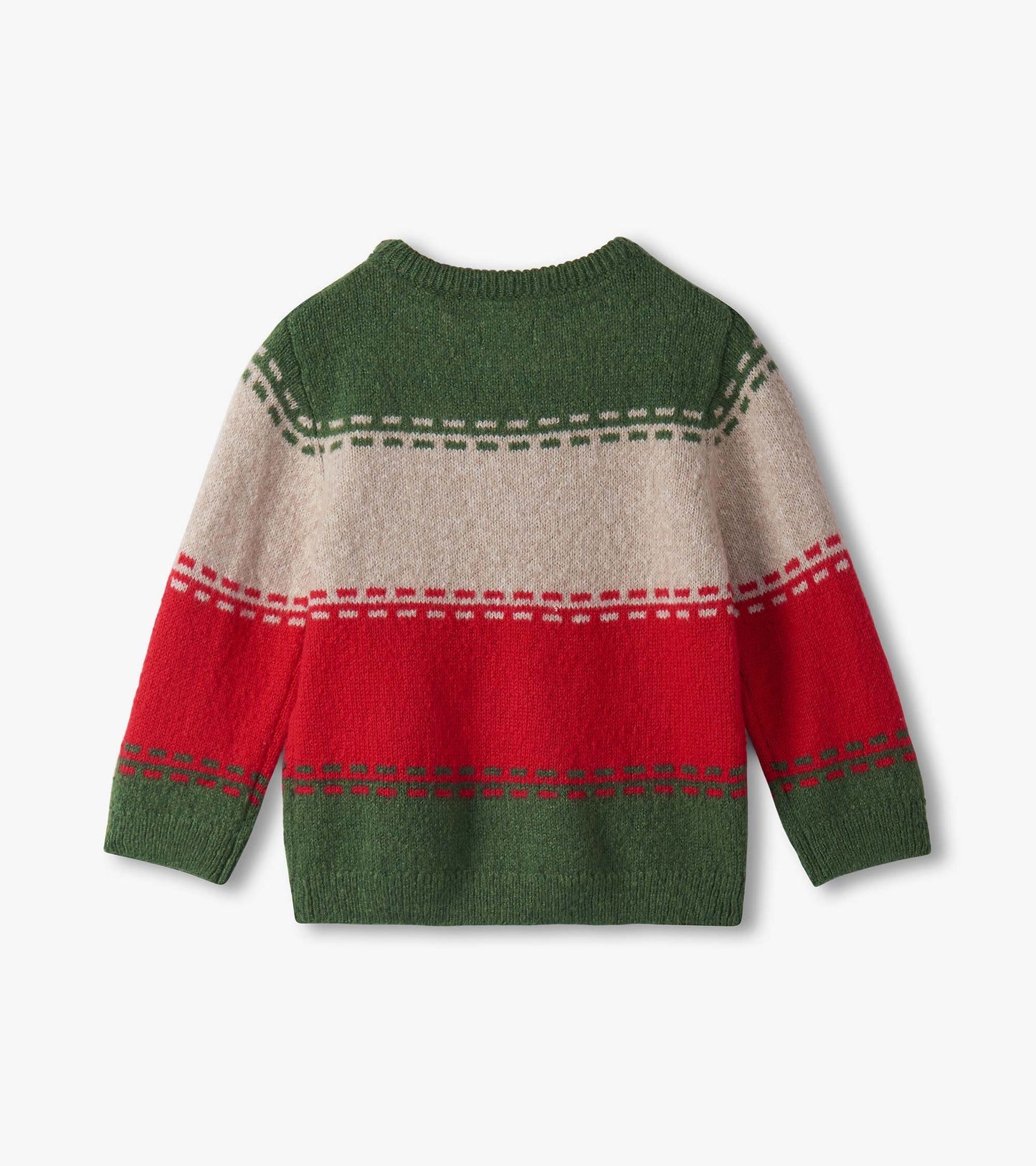 Green, red, and beige striped crew neck sweater for baby boys, featuring long sleeves and a cozy knit design.