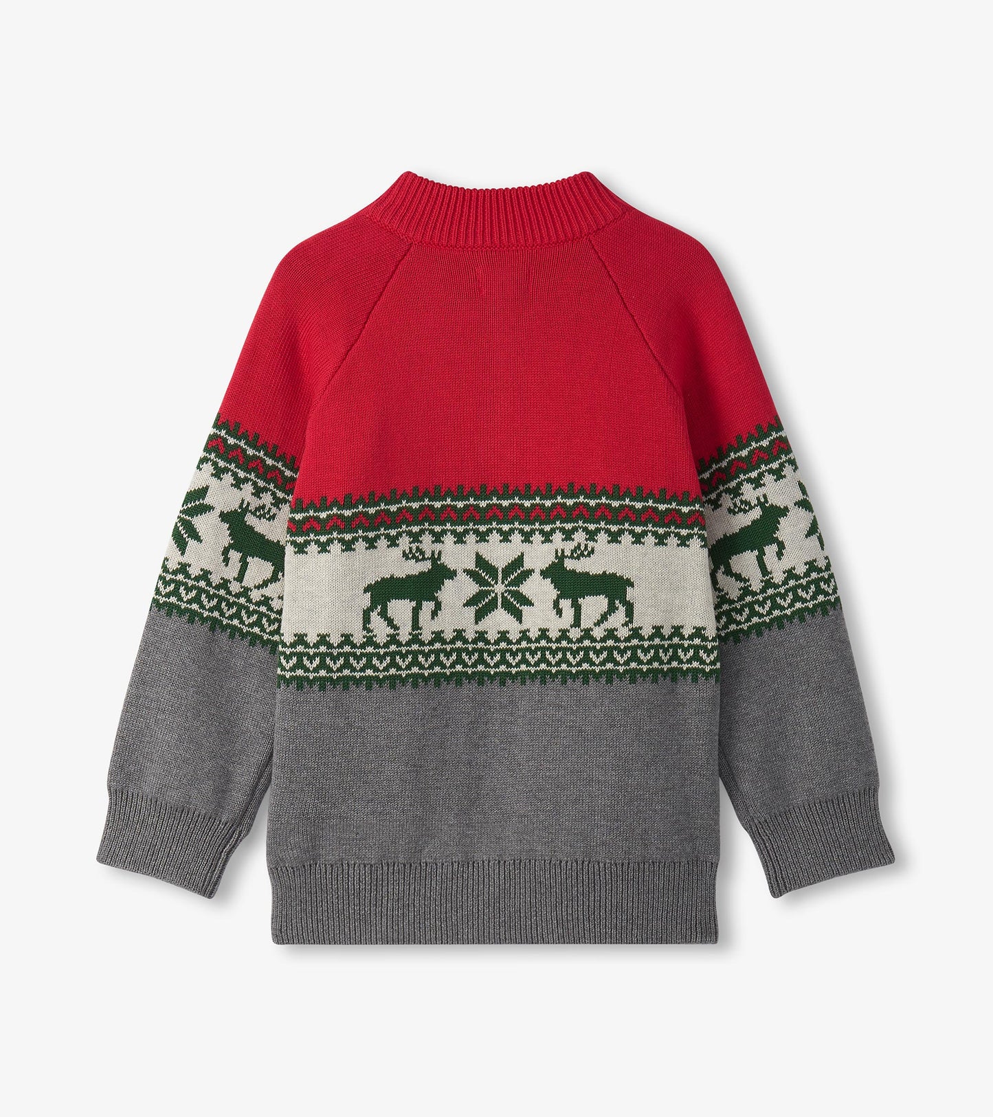 Red and gray mockneck sweater featuring a festive elk pattern in green and white, ideal for holiday wear.