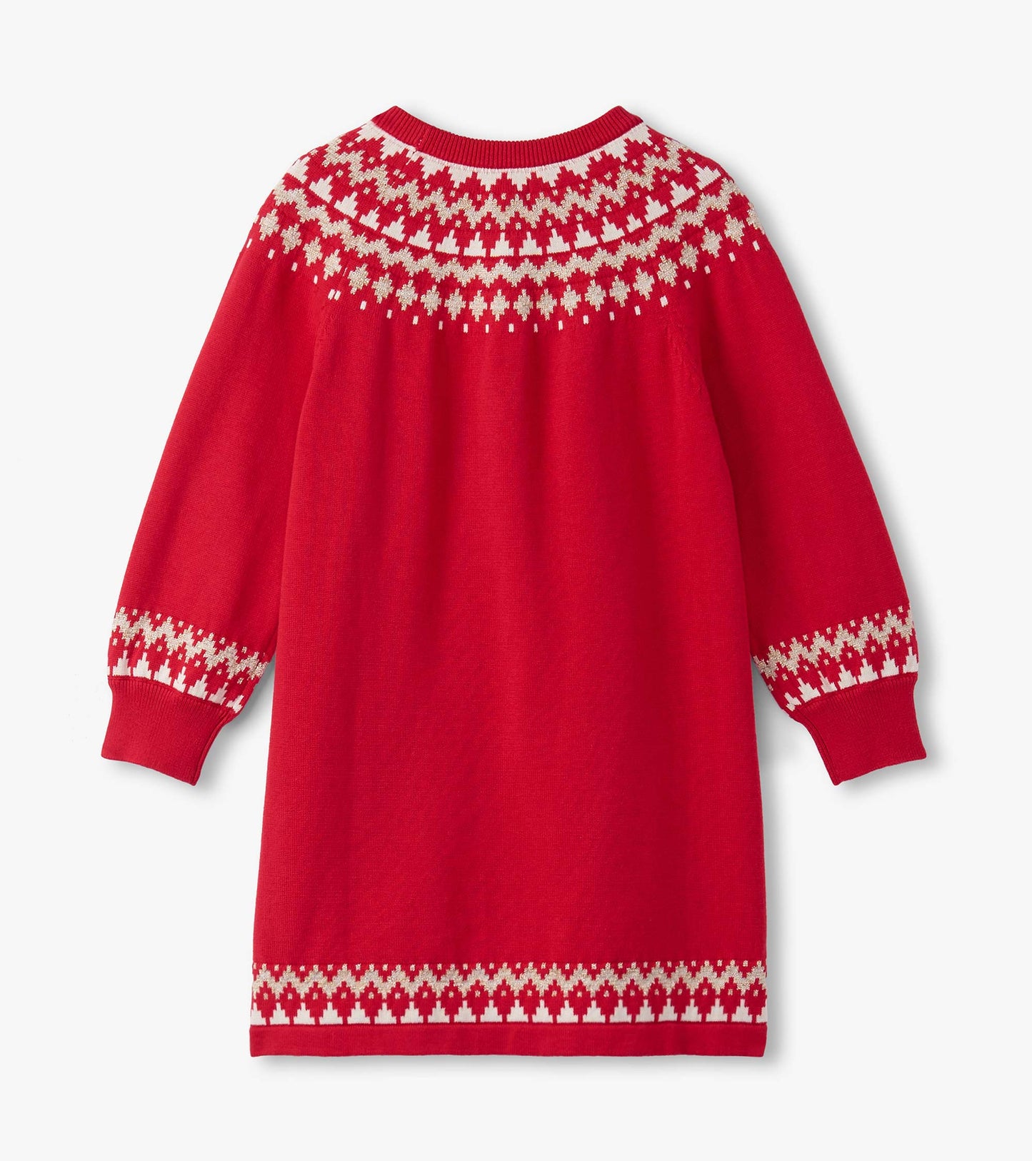 Red sweater dress featuring a Fair Isle pattern in white, with long sleeves and a round neckline.
