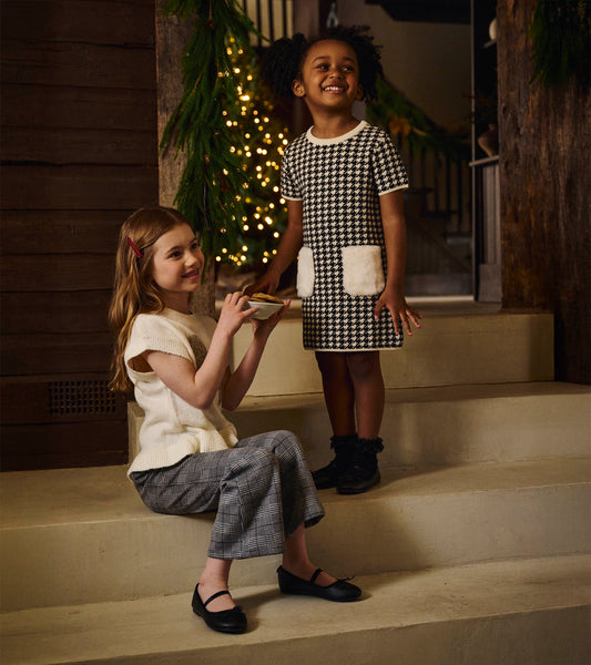 Girls Houndstooth Sweater Dress with Faux Fur Pockets