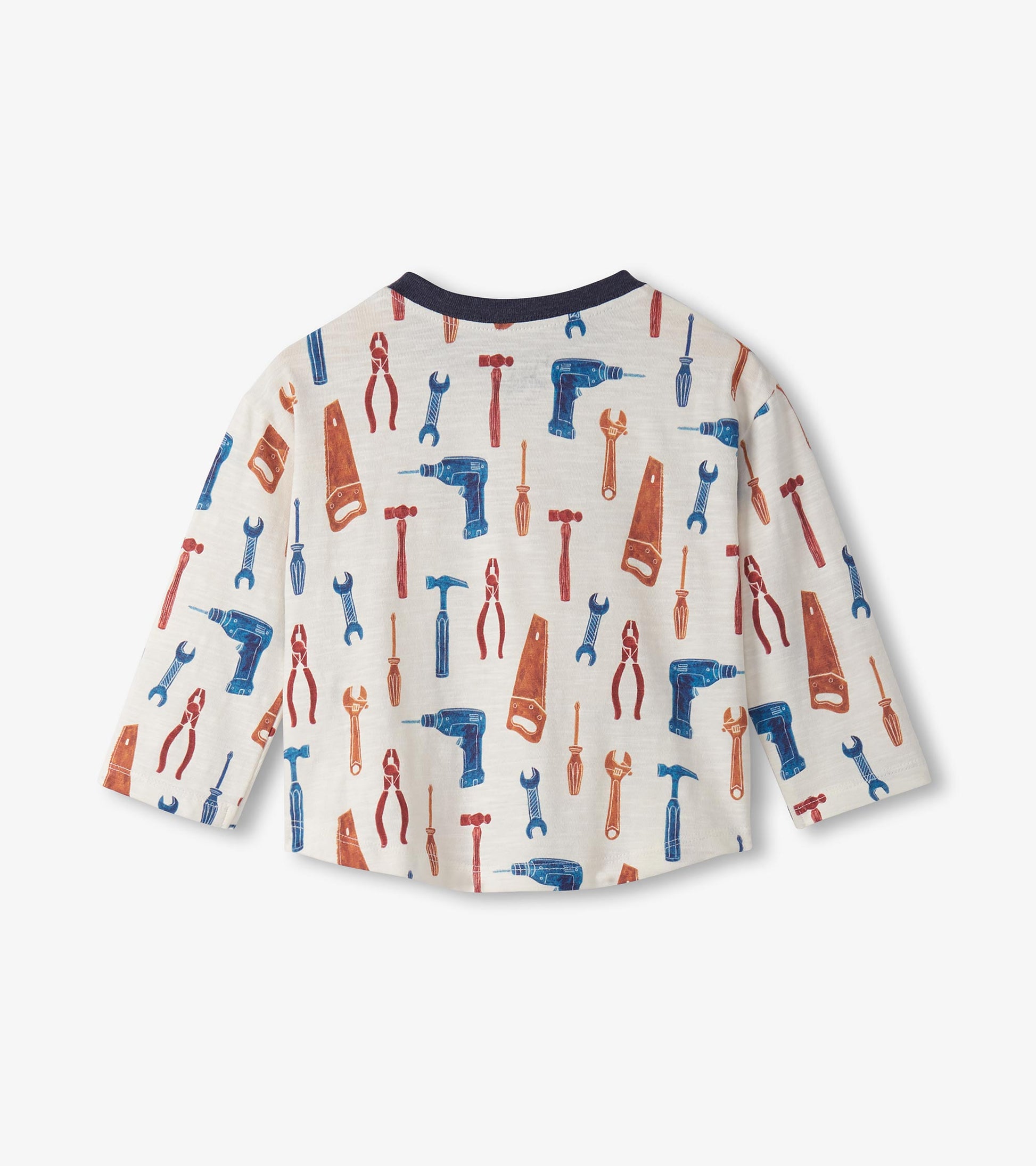 Long-sleeve lounge set featuring a cream background with colorful tool graphics, ideal for baby and toddler boys.