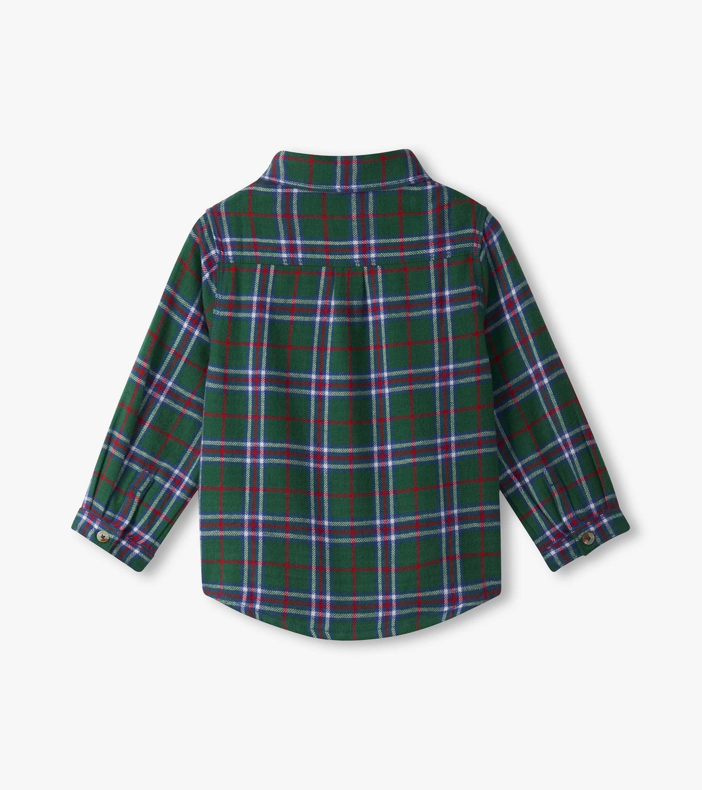 Green plaid button-down shirt with long sleeves and a collar, featuring red and blue check patterns on the back.