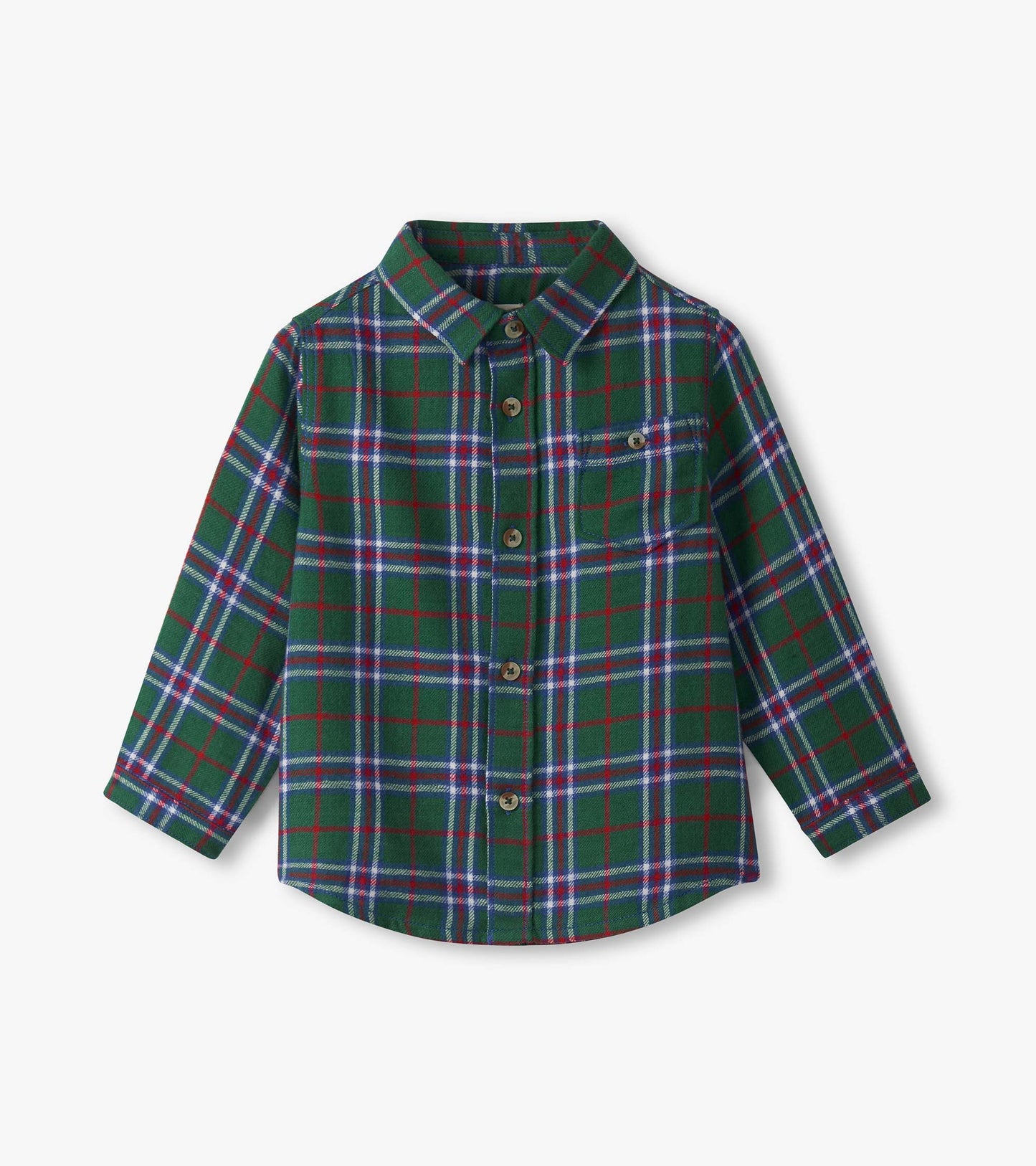 Green plaid button-down shirt for baby and toddler boys, featuring long sleeves and a collar.