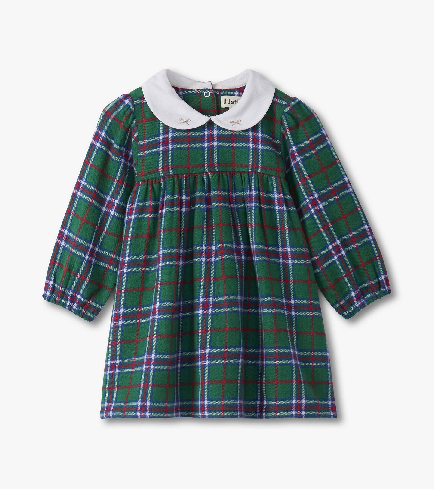 Green plaid pinafore dress with puff sleeves and a white collar, featuring a gathered waist and button closure at the back.
