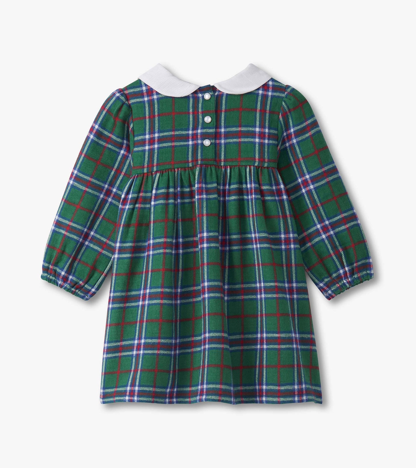 Green plaid pinafore dress with puff sleeves and a white collar, featuring button closure at the back.
