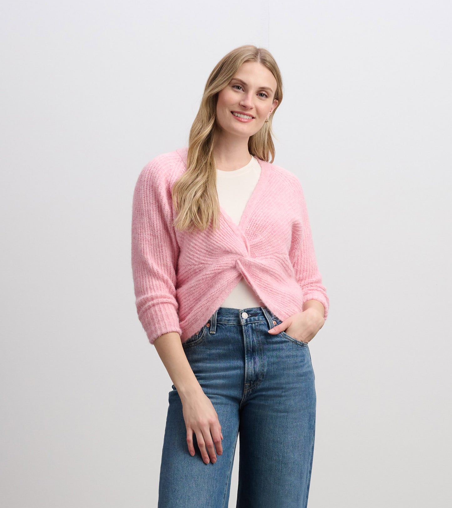 Pull à devant croisé pour femme – Rose pastel