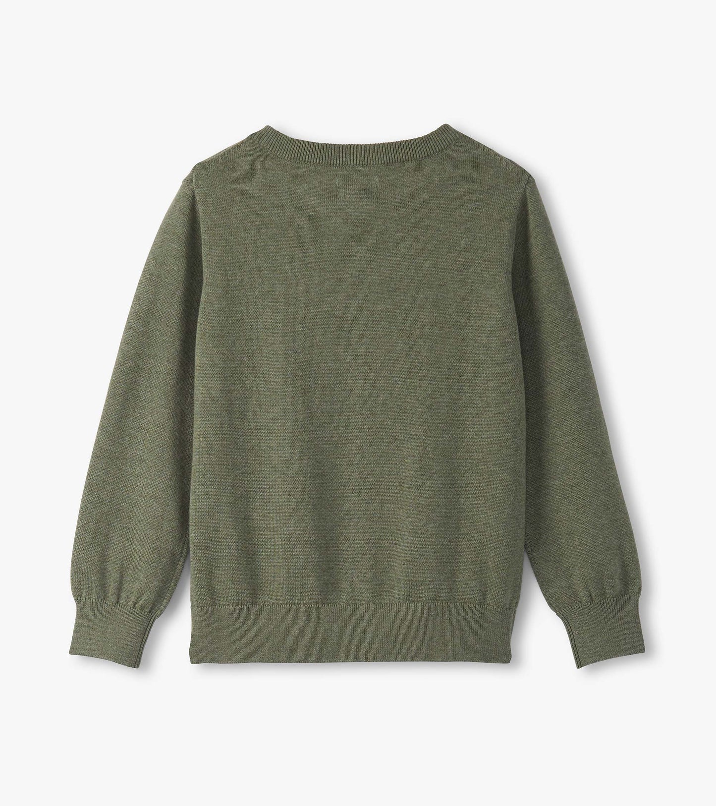 Green V-neck sweater for boys with long sleeves and ribbed cuffs, shown from the back.