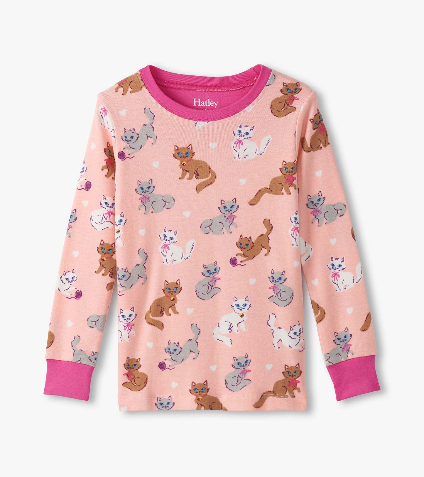 Pink cotton pajama top featuring playful cat illustrations and a round neckline with pink trim.