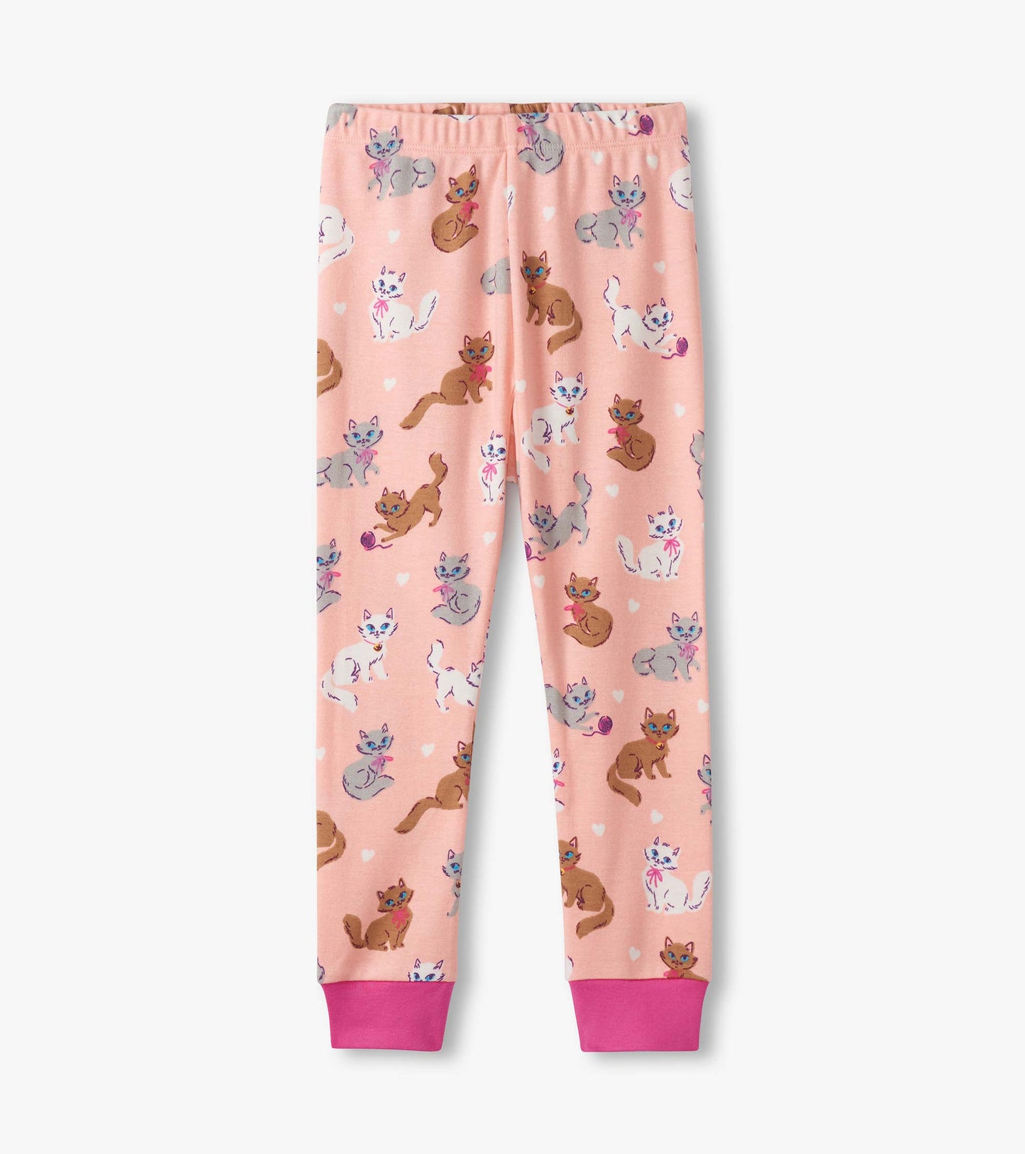 Pink cotton pajama pants featuring a playful cat pattern and pink cuffs.