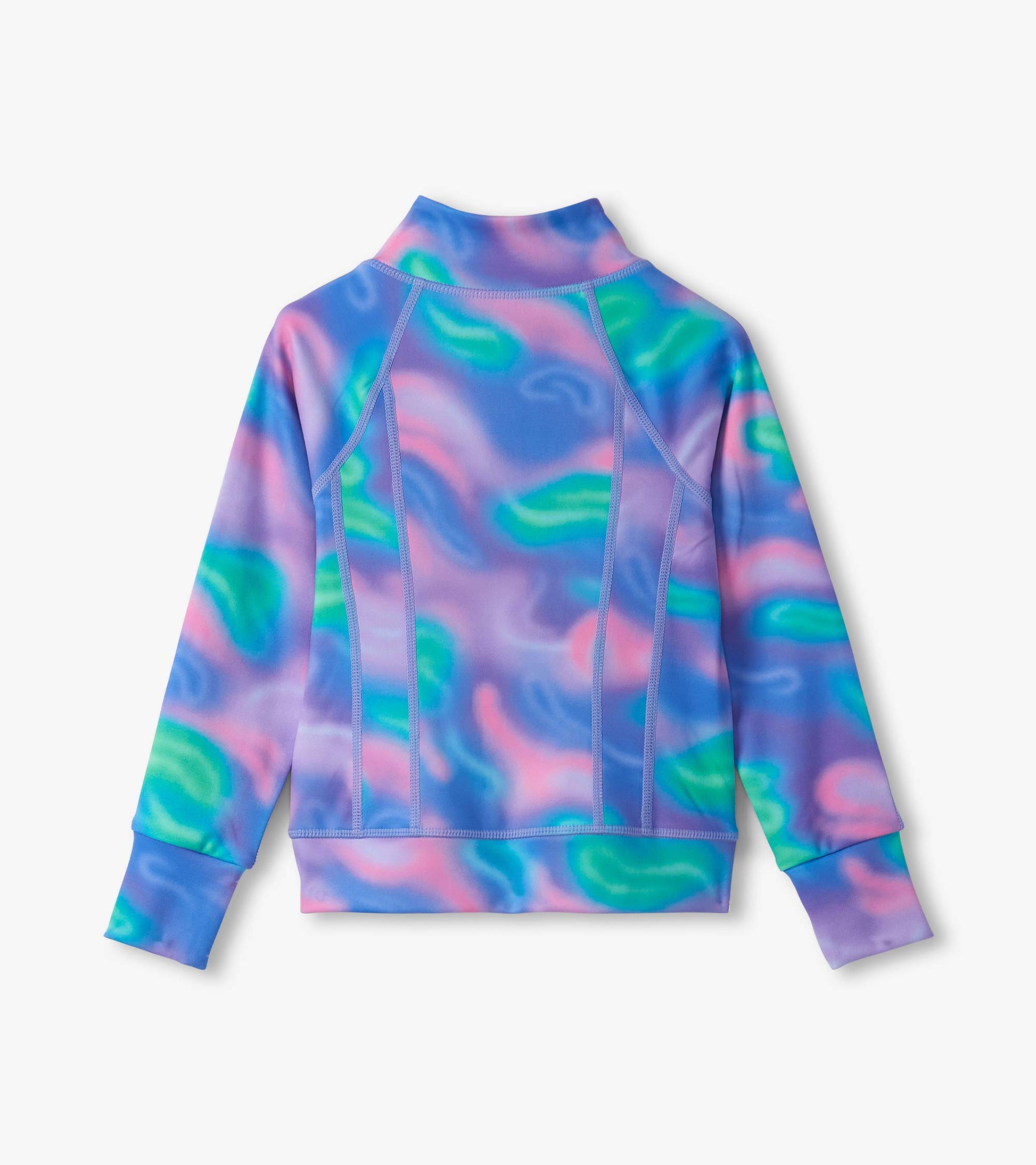 Purple jacket with a colorful, swirling pattern, featuring a high collar and long sleeves.