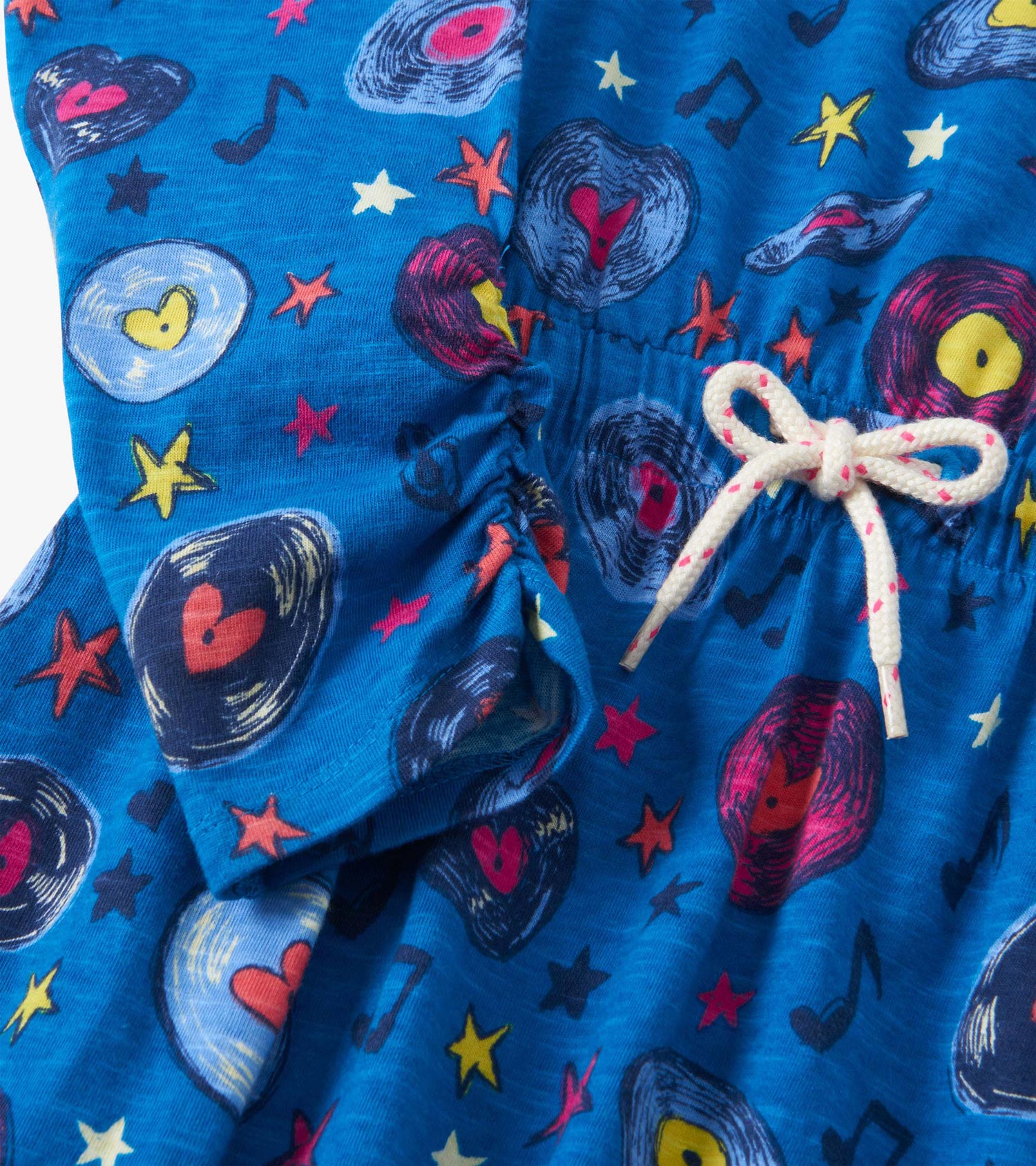 Blue cinched waist dress featuring a colorful music-themed pattern with records, hearts, and stars.