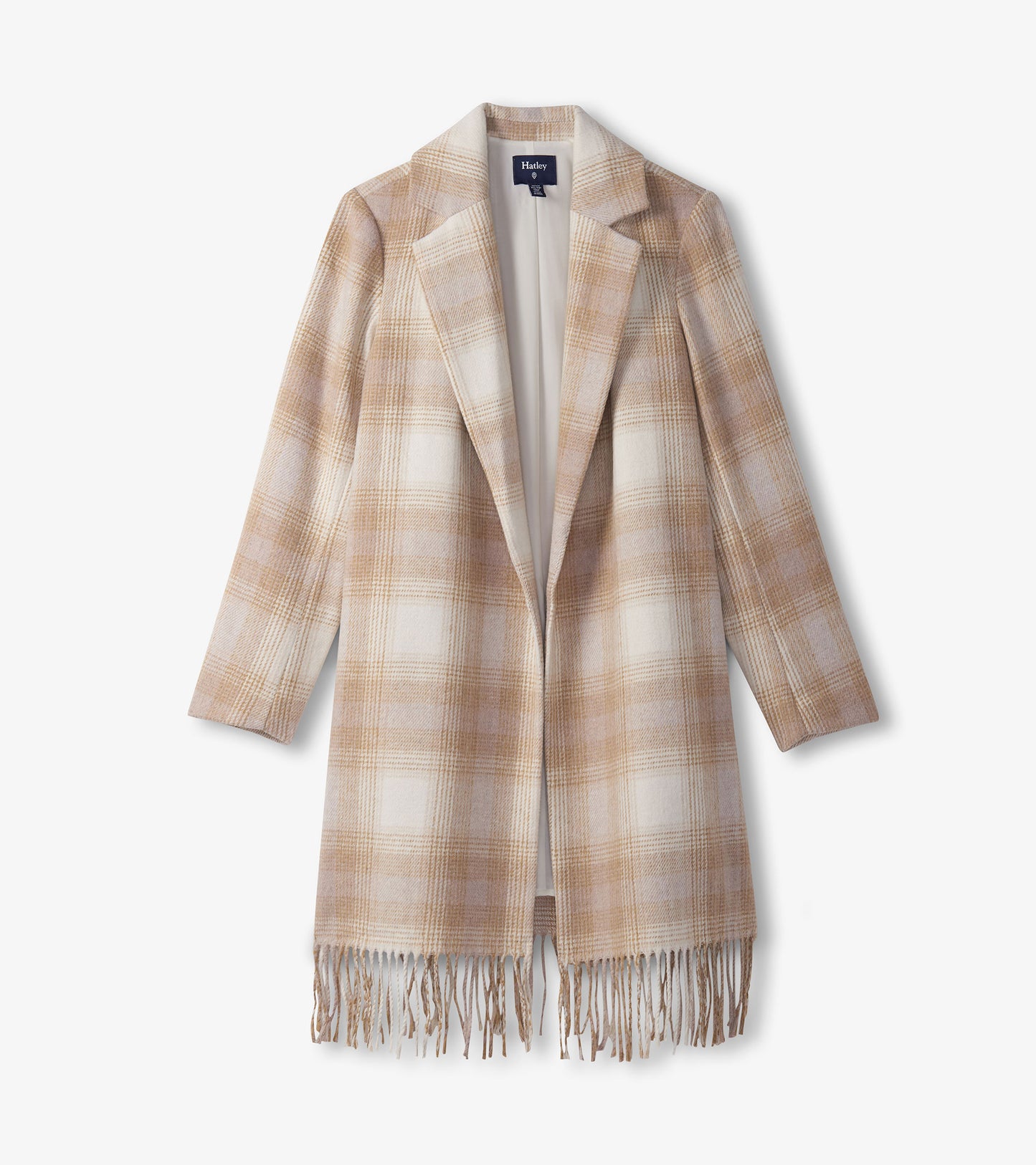 Manteau orné de franges pour femme – Motif écossais taupe clair