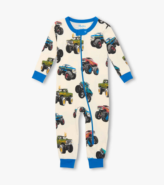 Bamboo sleeper for baby boys featuring a cream background with colorful monster truck prints and blue accents.