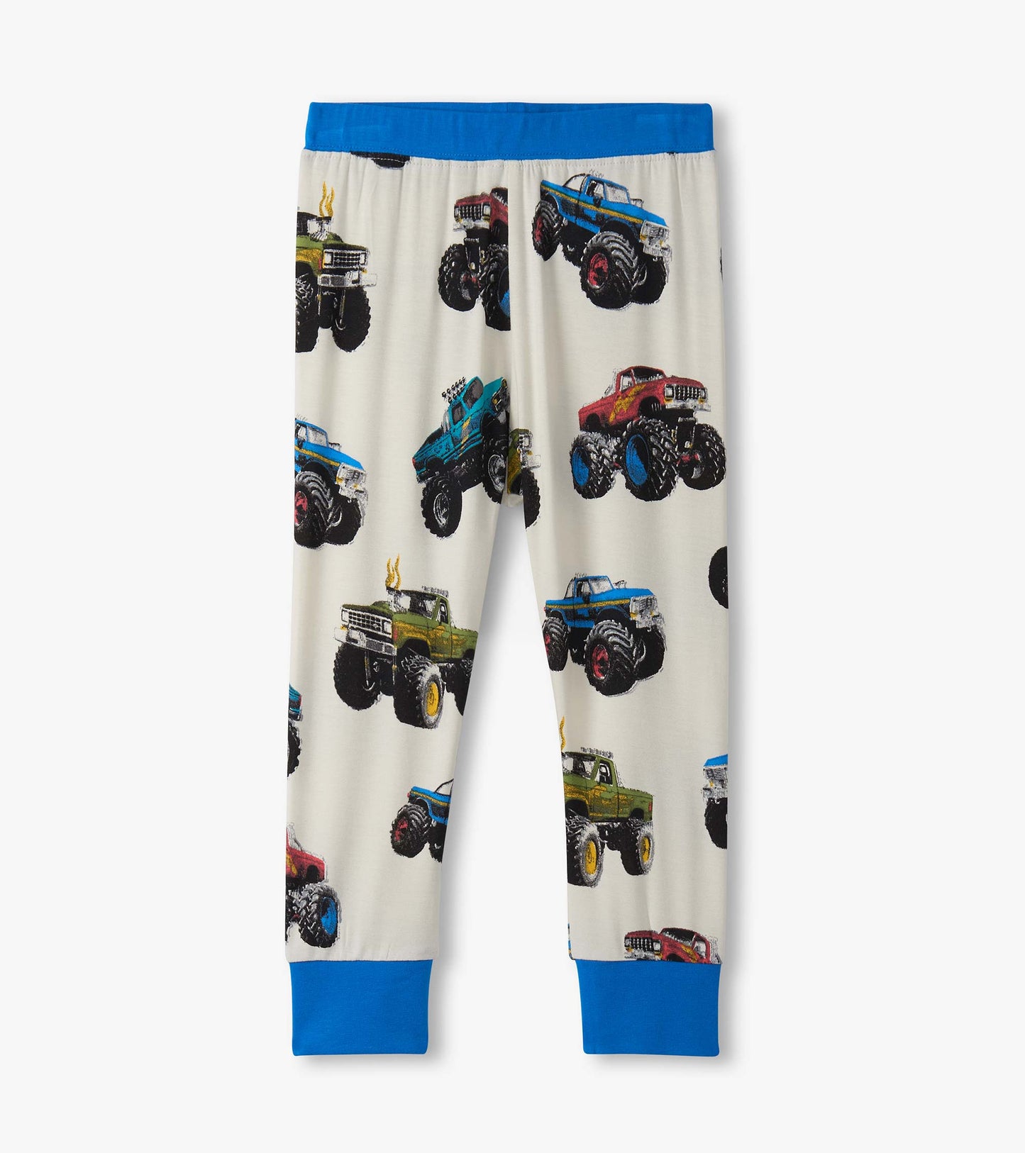 Bamboo pajama pants featuring colorful monster truck prints on a cream background with blue cuffs.