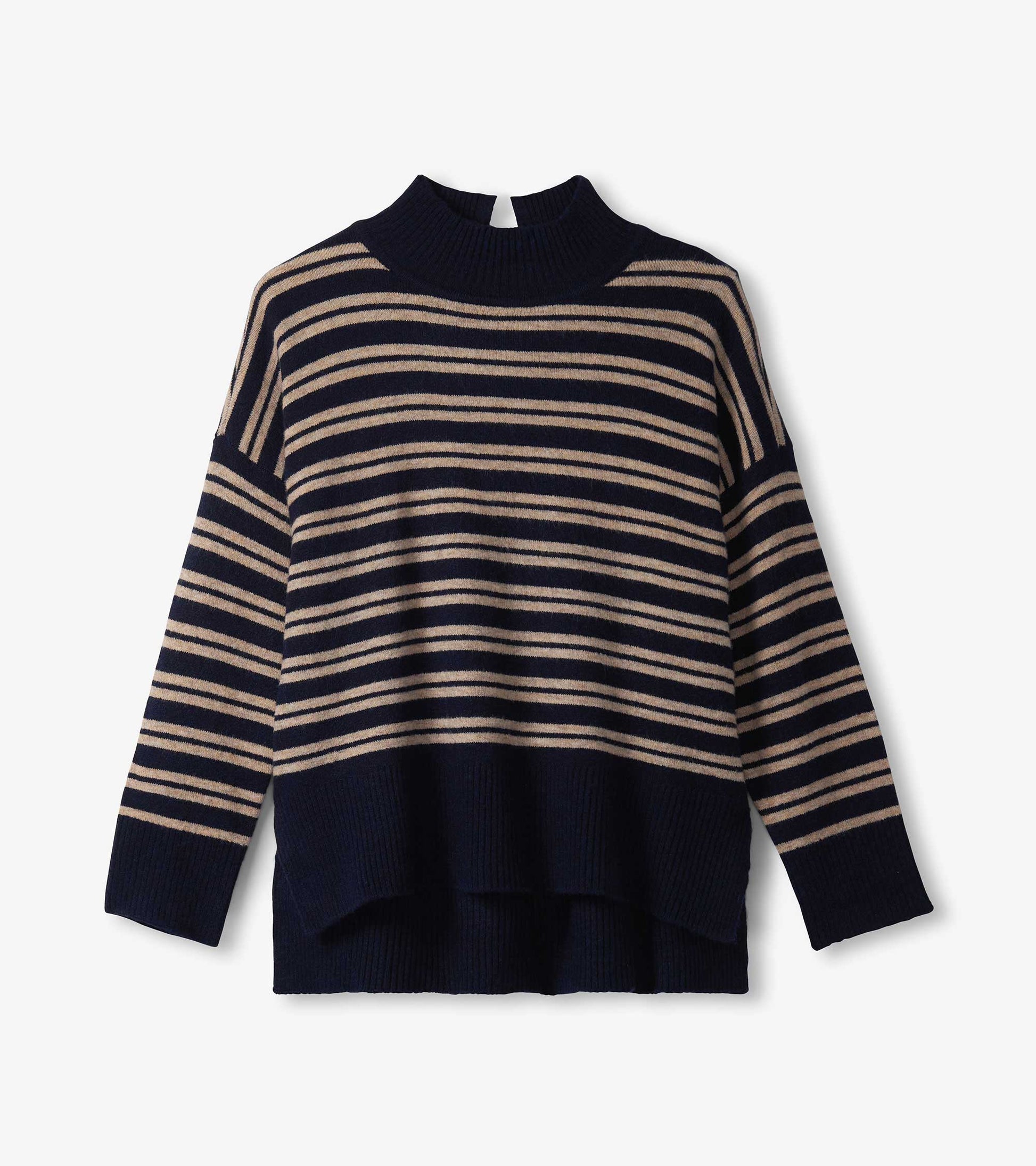 Navy and camel striped mock neck sweater with a relaxed fit and ribbed cuffs.