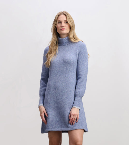 Light denim sweater dress with a turtleneck, long sleeves, and a relaxed fit, perfect for casual wear.