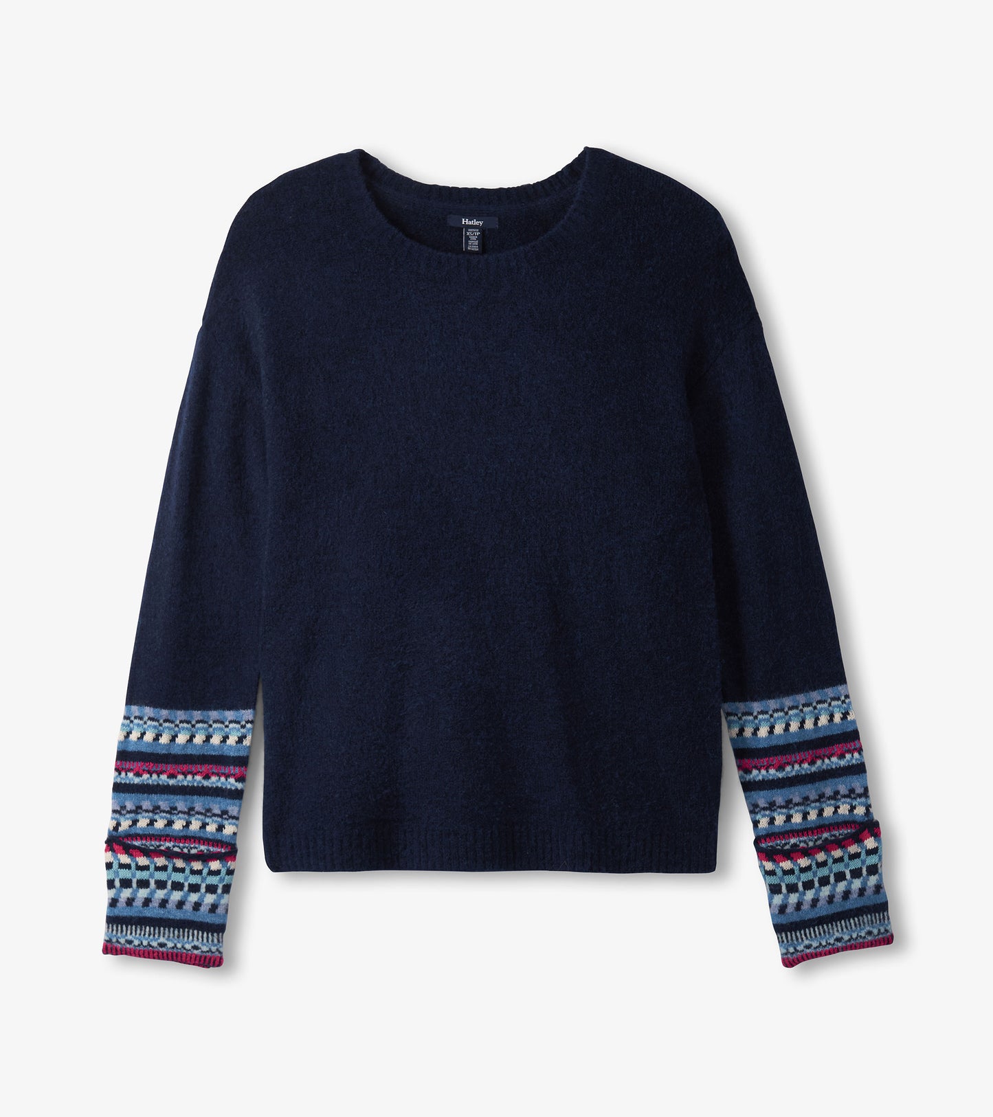 Navy sweater with a soft texture and patterned cuffs in blue, red, and white. Features a round neckline and long sleeves.