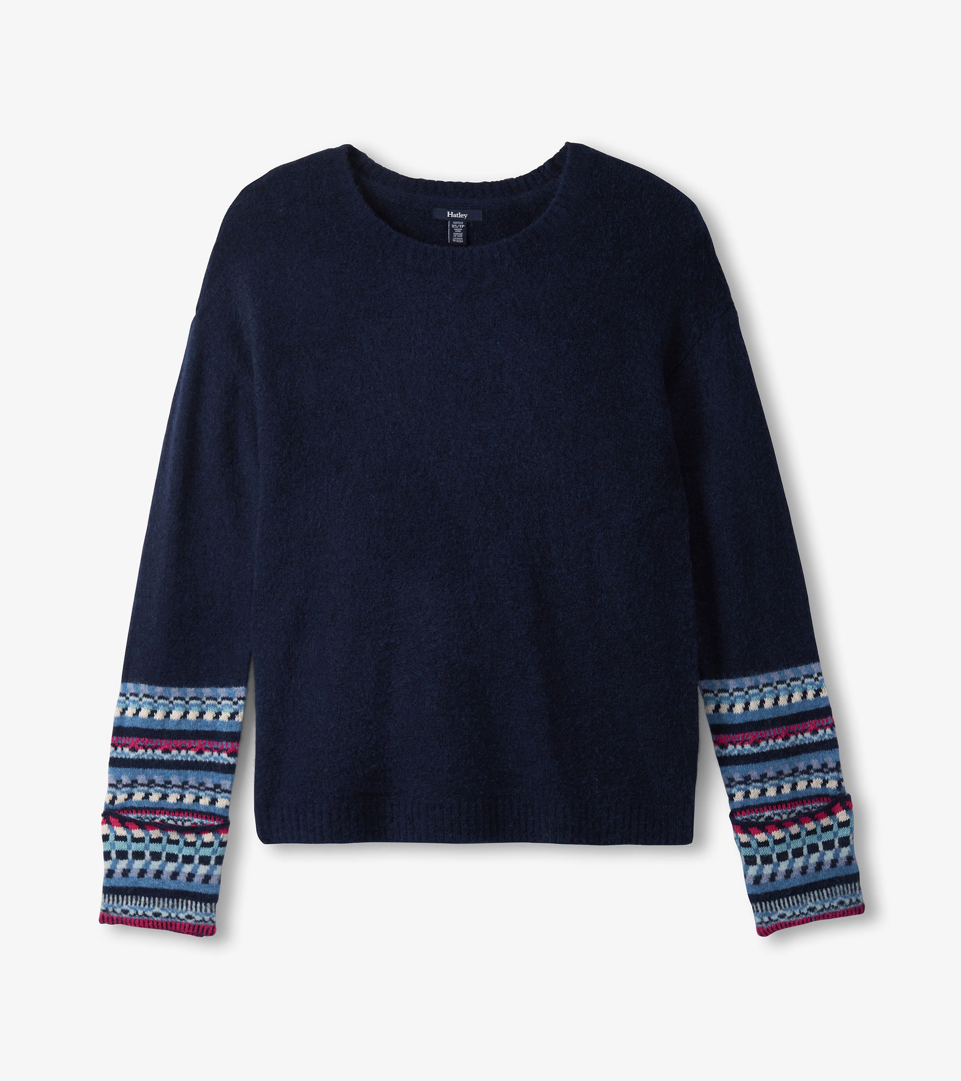 Navy sweater with a soft texture and patterned cuffs in blue, red, and white. Features a round neckline and long sleeves.