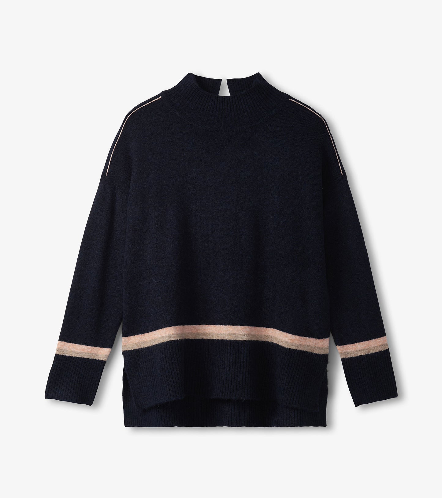 Navy mock neck sweater featuring a striped hem and shoulder detailing, made from soft knit material.
