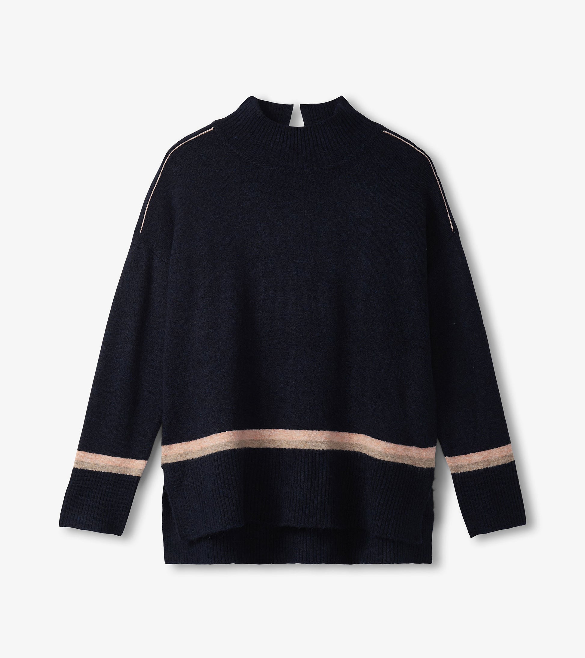 Navy mock neck sweater featuring a striped hem and shoulder detailing, made from soft knit material.