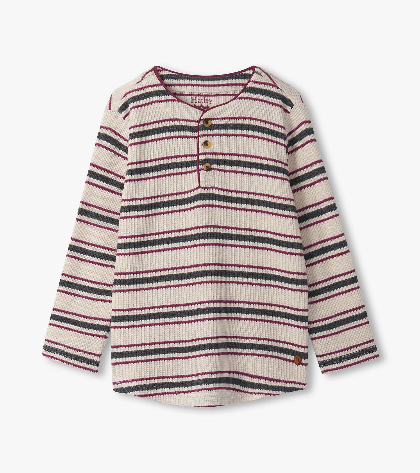 Oatmeal melange striped waffle henley with long sleeves and three-button placket.