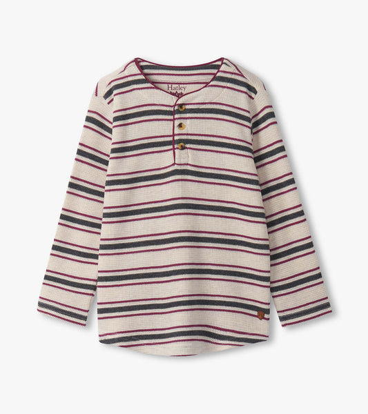 Oatmeal melange striped waffle henley with long sleeves and three-button placket.