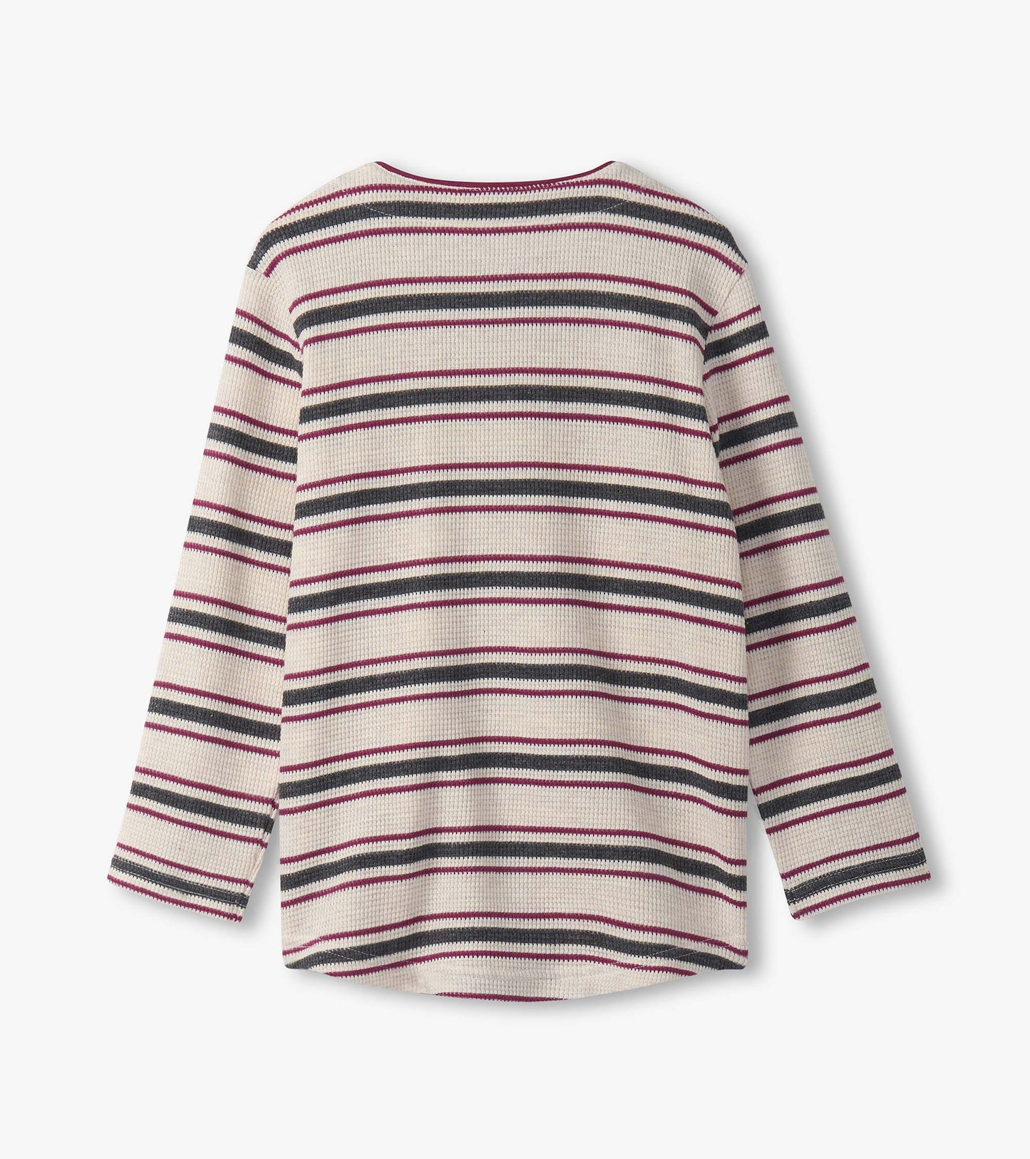 Oatmeal melange long-sleeve henley with multicolored stripes, featuring a rounded neckline and a relaxed fit.