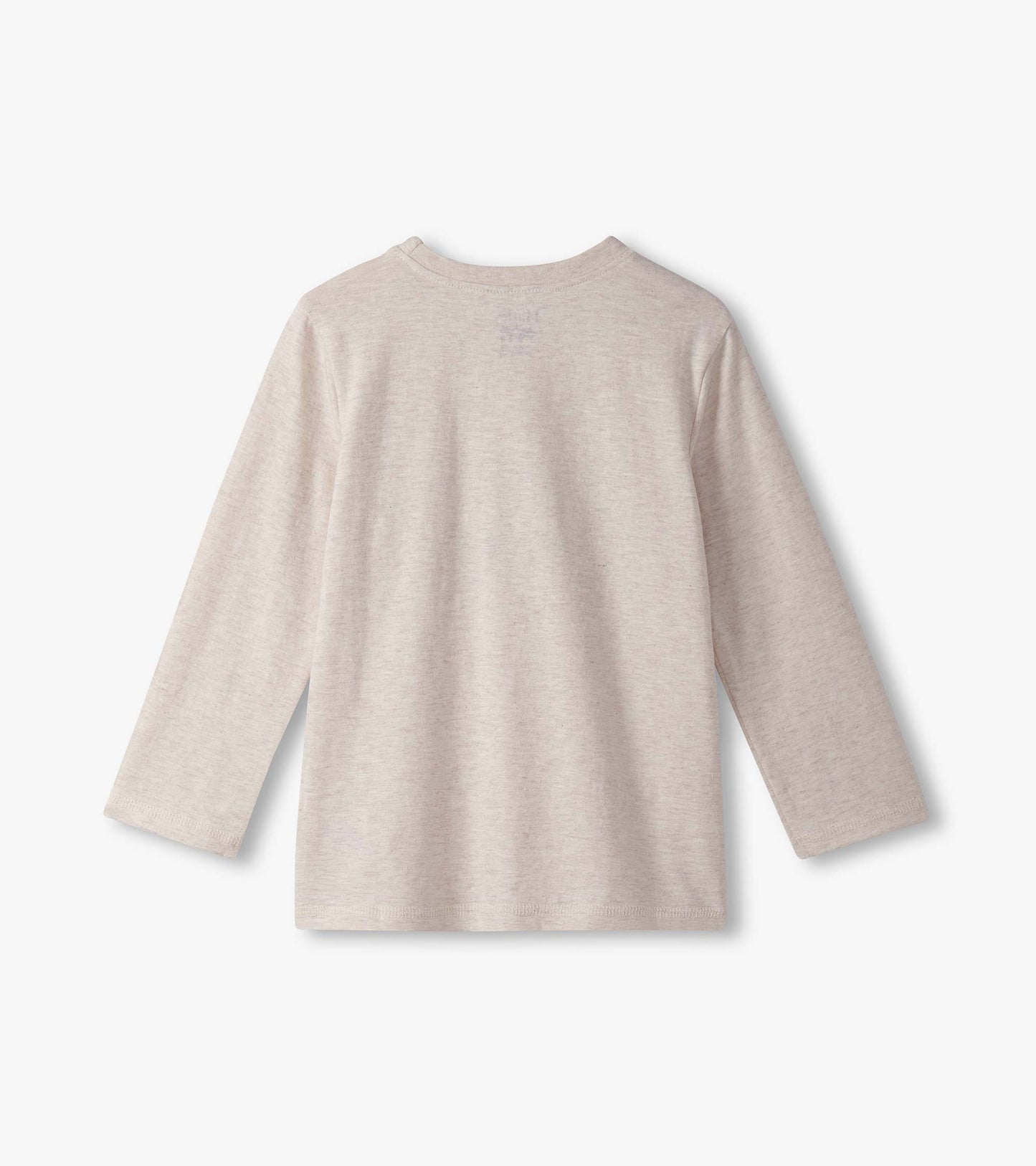 Light beige long sleeve graphic tee with a round neckline, featuring a soft, comfortable fabric.