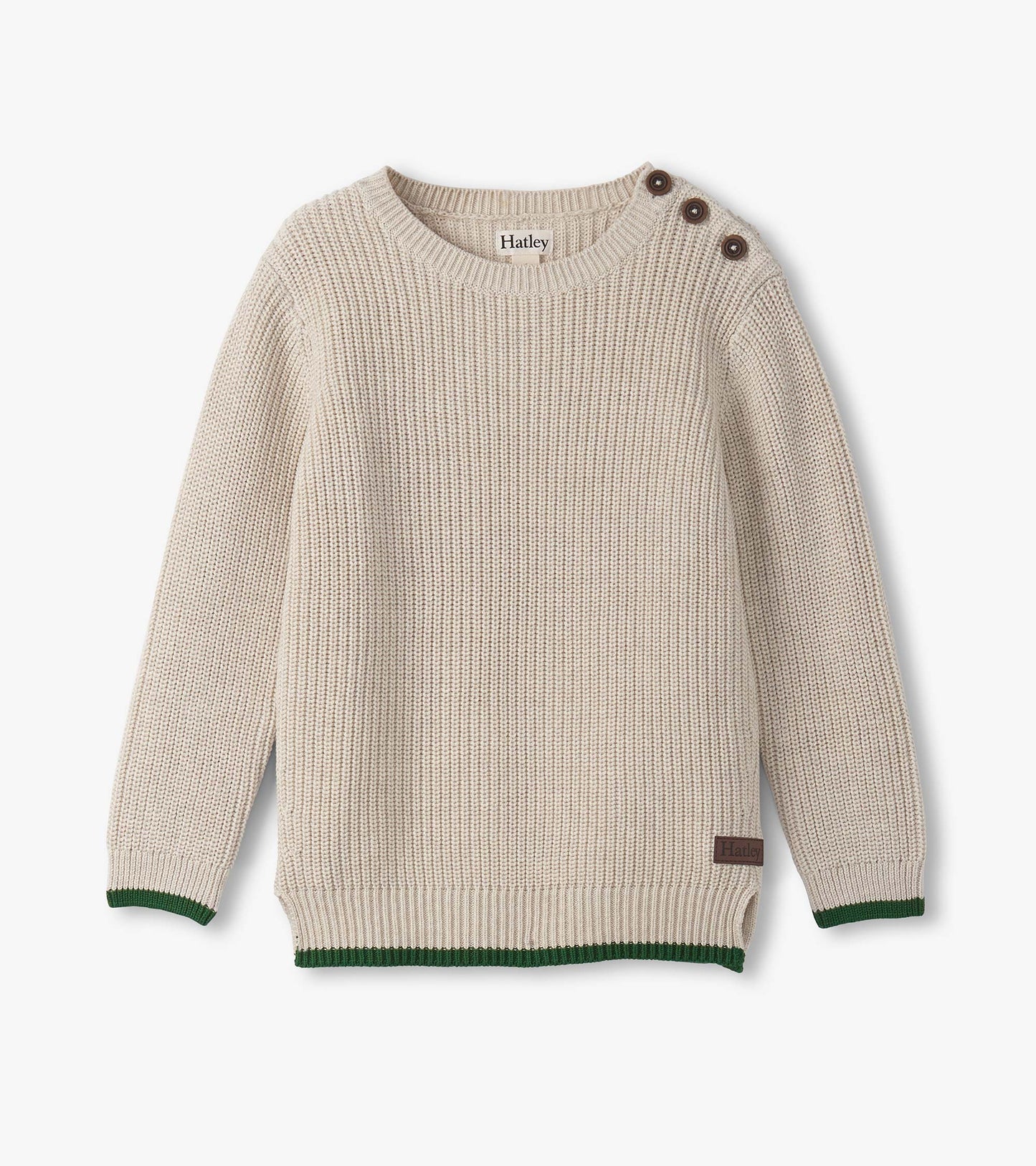 Oatmeal melange sweater with a button neck, ribbed cuffs, and green trim at the hem. Suitable for boys.