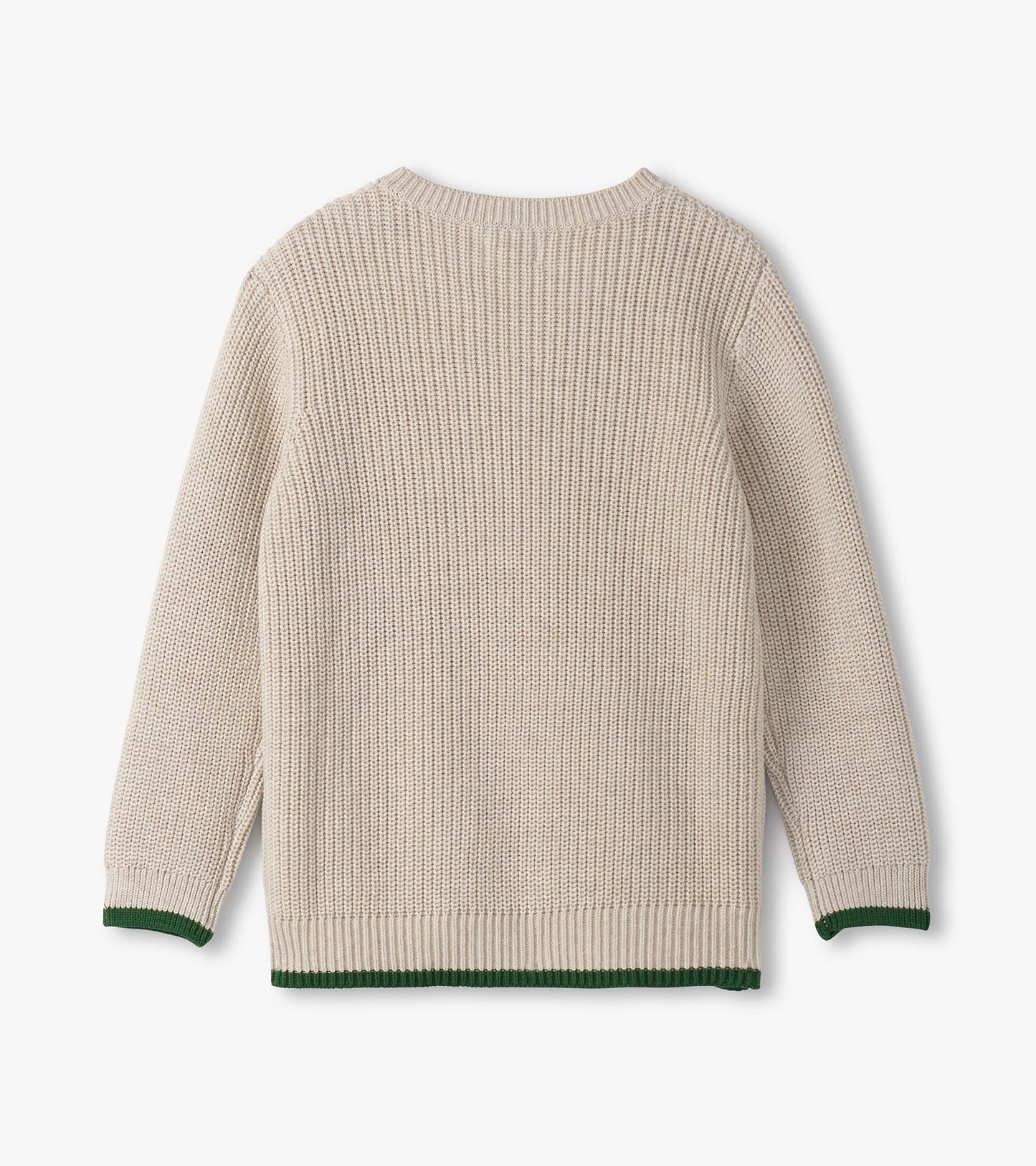 Oatmeal melange sweater with a textured knit, featuring green trim at the cuffs and hem, shown from the back.