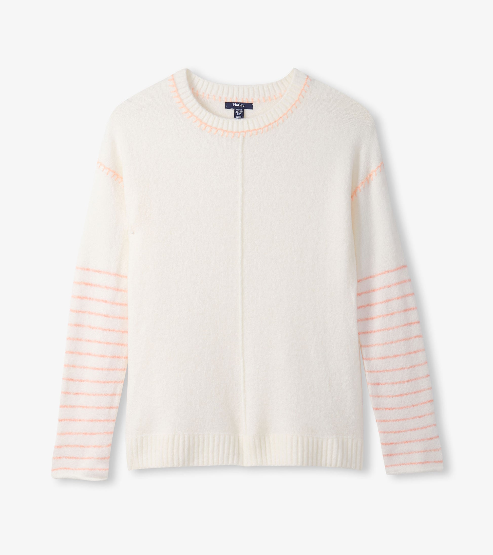 Cream sweater with striped sleeves and a round neckline, featuring a soft texture and relaxed fit.