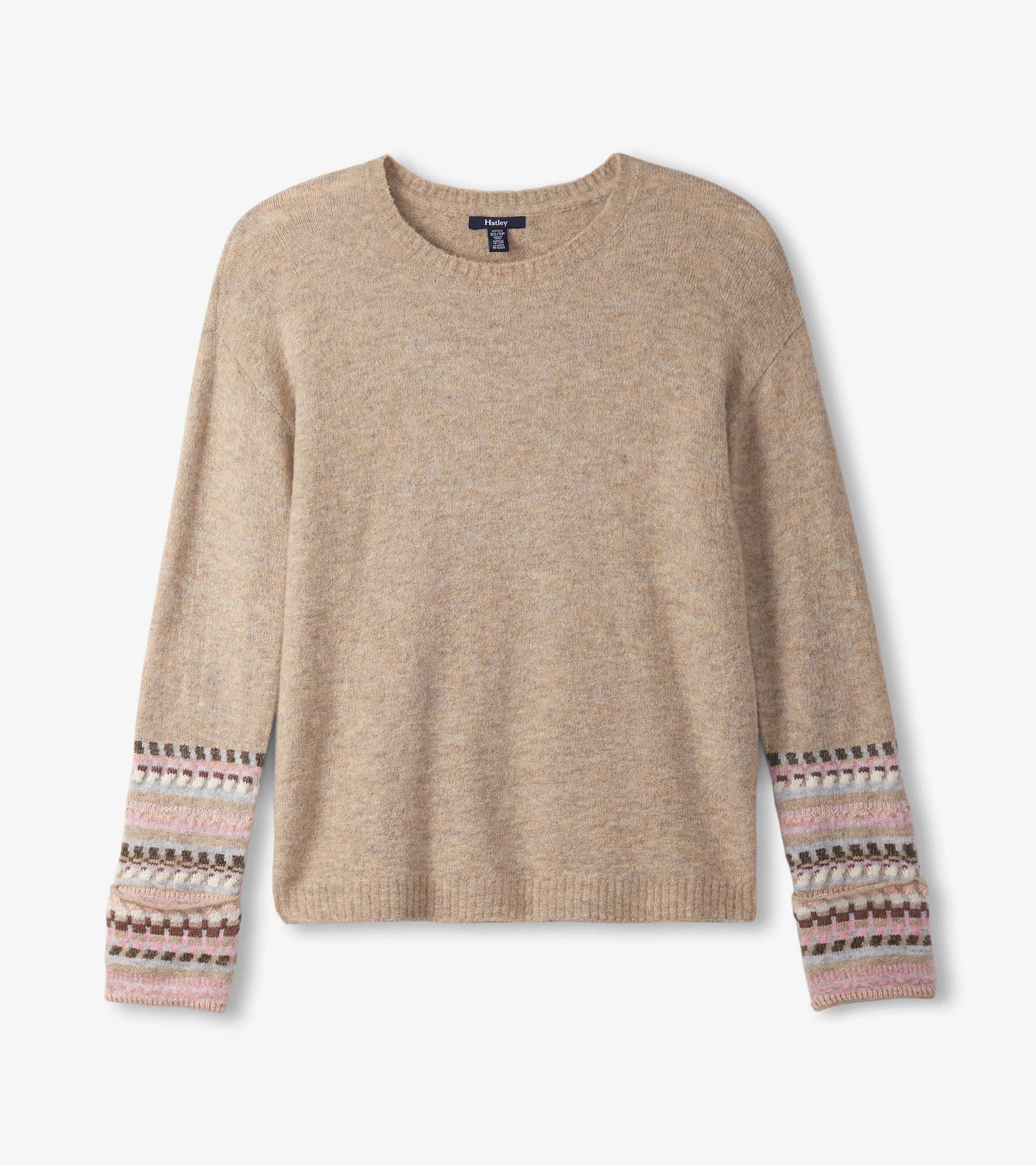 Oatmeal melange sweater with patterned cuffs, featuring a crew neckline and long sleeves.