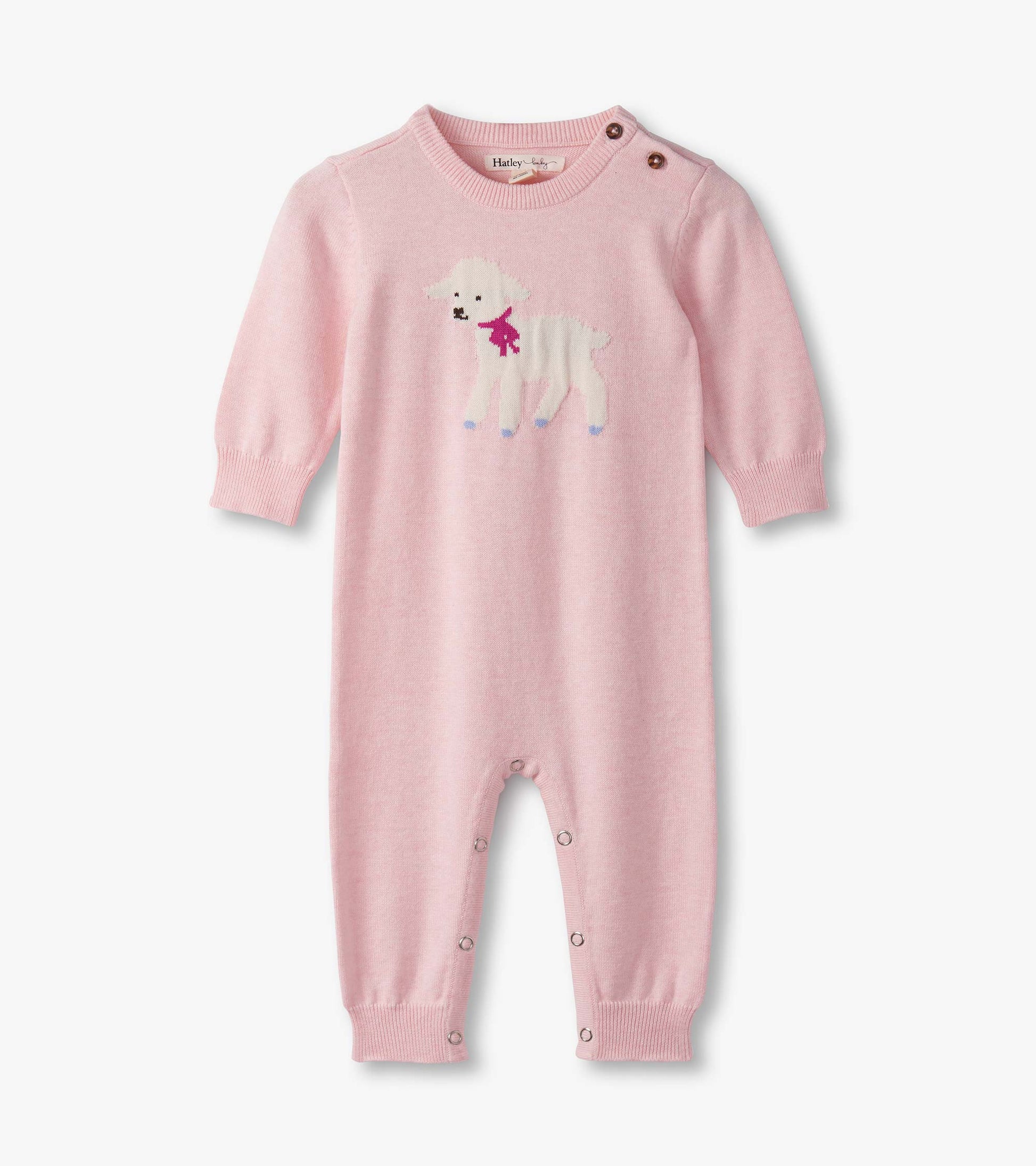 Pink knitted romper featuring a lamb design, long sleeves, and snap closures at the bottom for easy dressing.
