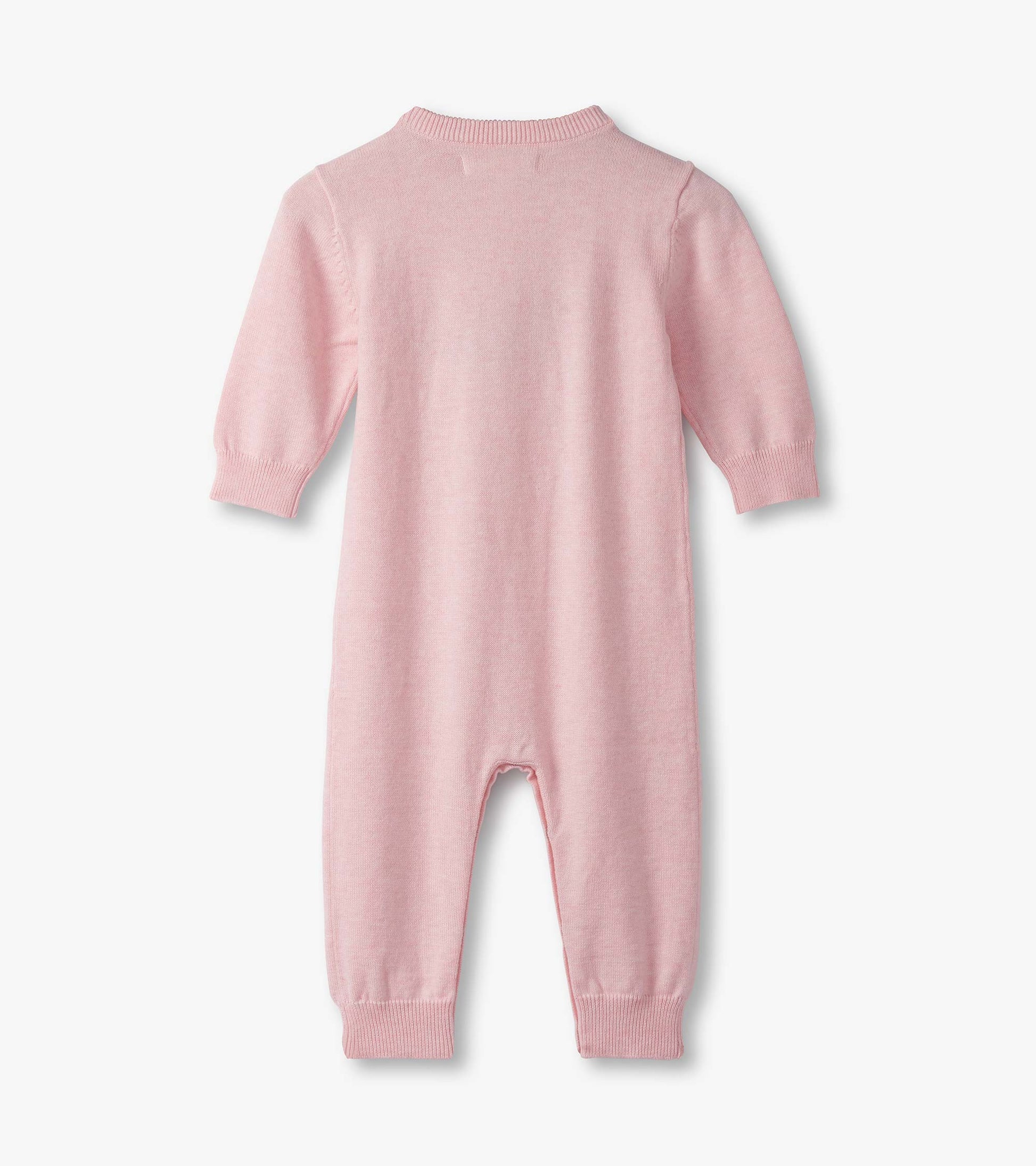 Light pink, long-sleeve sweater romper with ribbed cuffs and neckline, designed for baby girls.