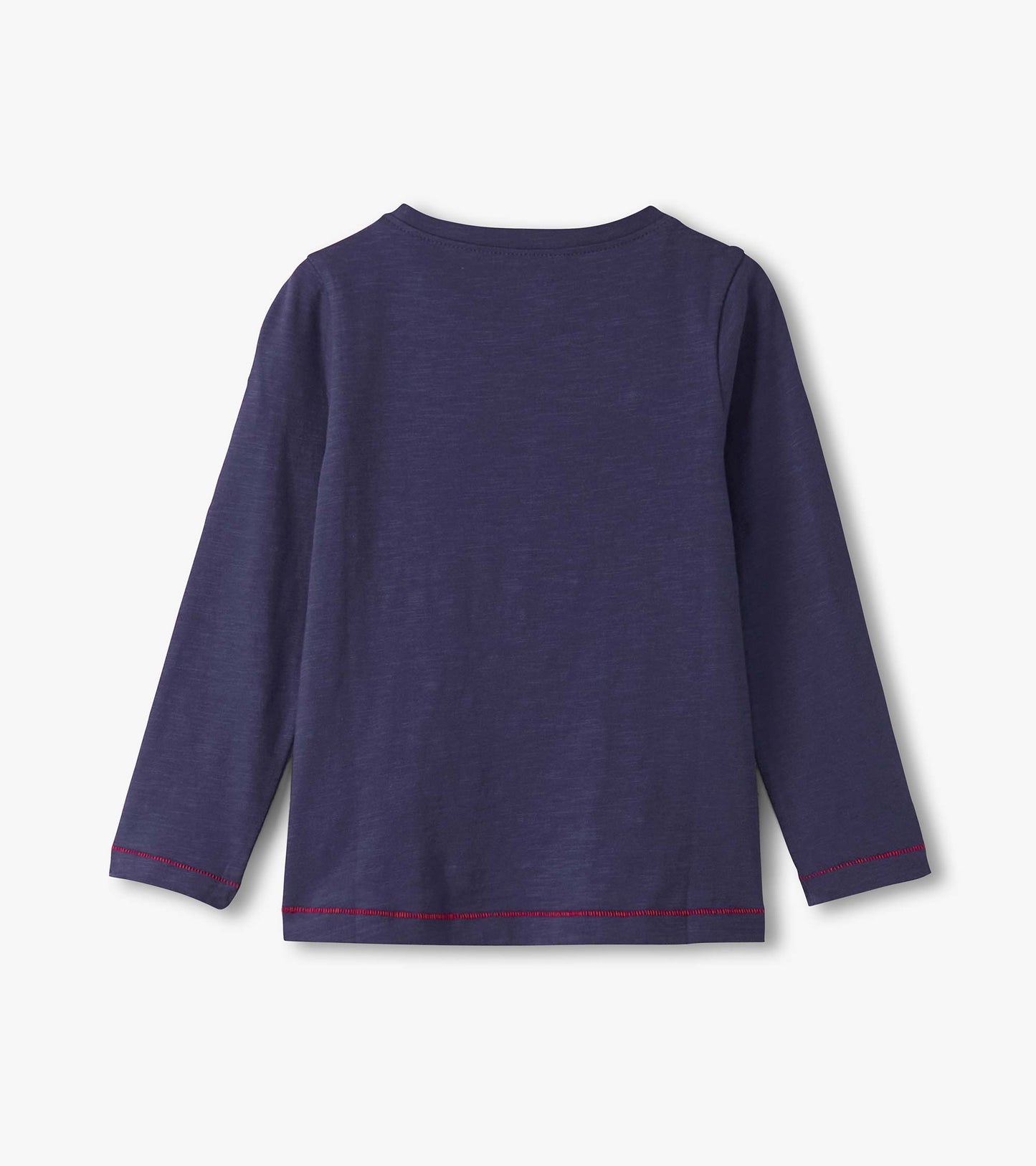 Long sleeve graphic tee in dark purple with a round neckline and contrasting red stitching at the hem and cuffs.
