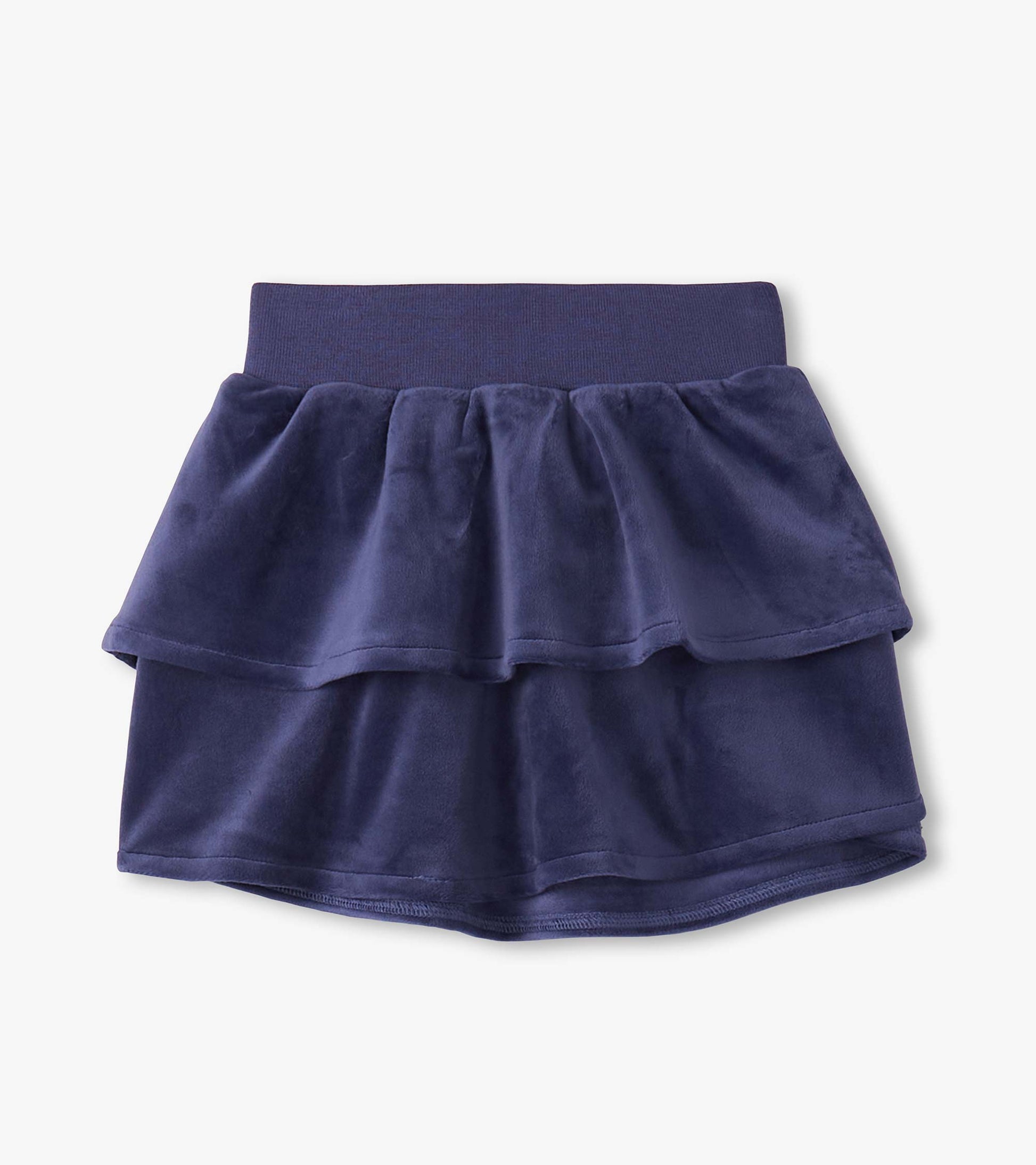 Patriot blue velour skirt with a layered ruffle design and elastic waistband, suitable for casual wear.