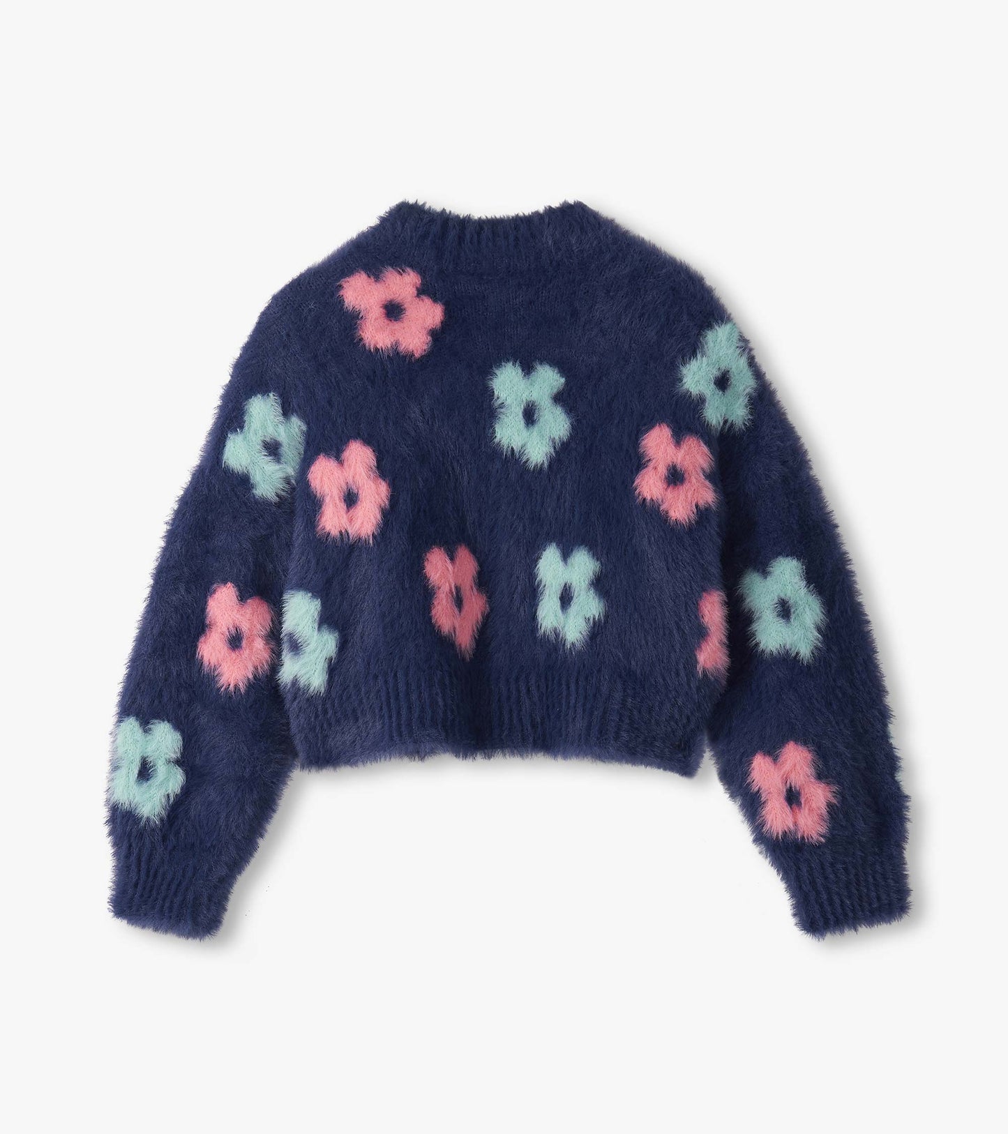 Navy open cardigan with fluffy texture and colorful flower patterns in pink and mint green.