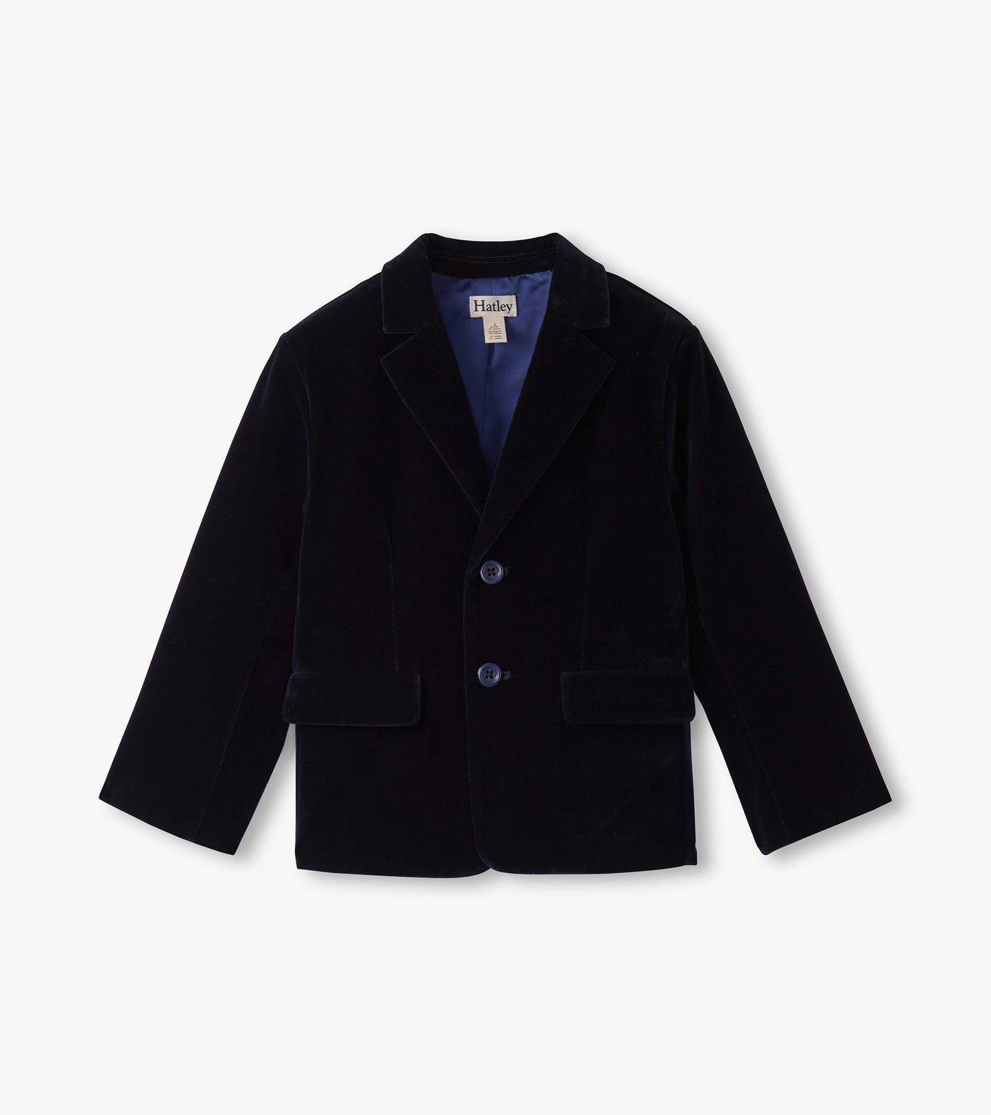 Navy velveteen blazer for boys with a notched collar, two buttons, and front pockets.