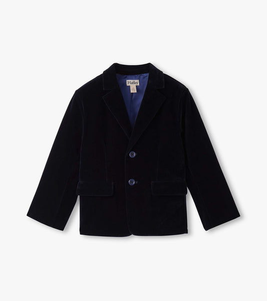 Navy velveteen blazer for boys with a notched collar, two buttons, and front pockets.