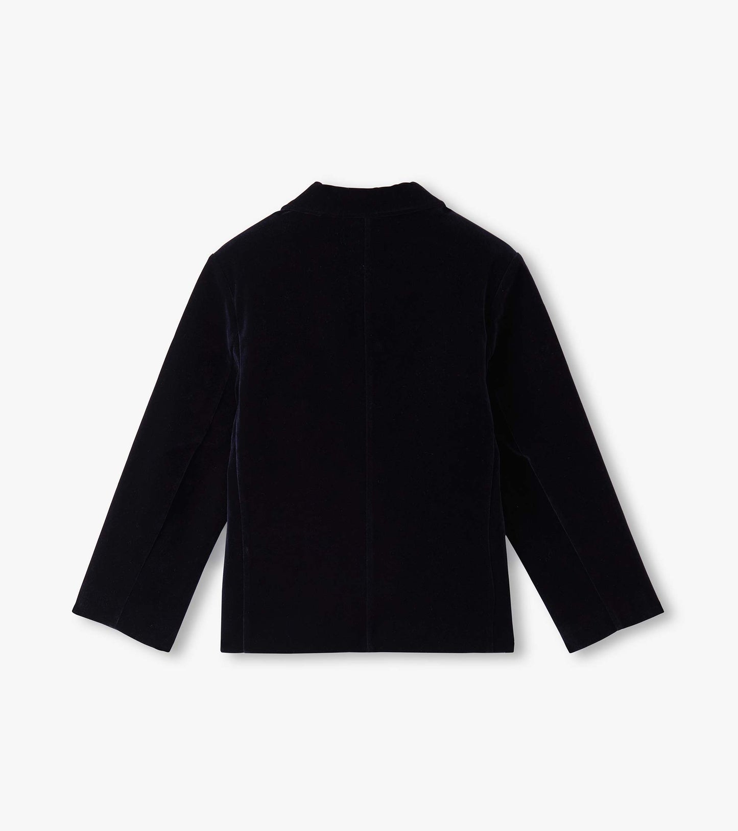Navy velveteen blazer for boys, featuring a classic collar and long sleeves, shown from the back.