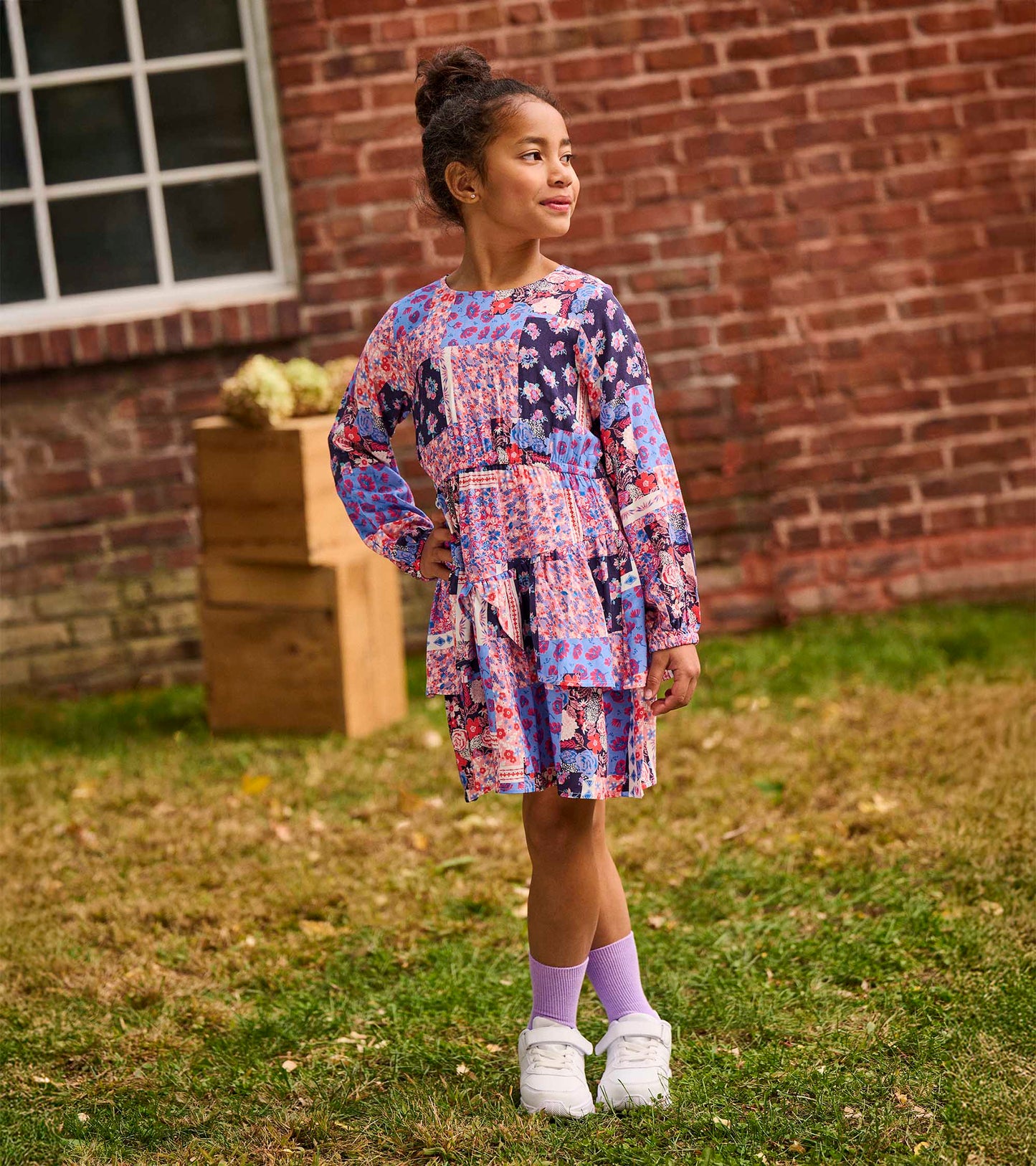 Colorful patchwork floral dress with long sleeves and a flounce skirt, perfect for casual wear.