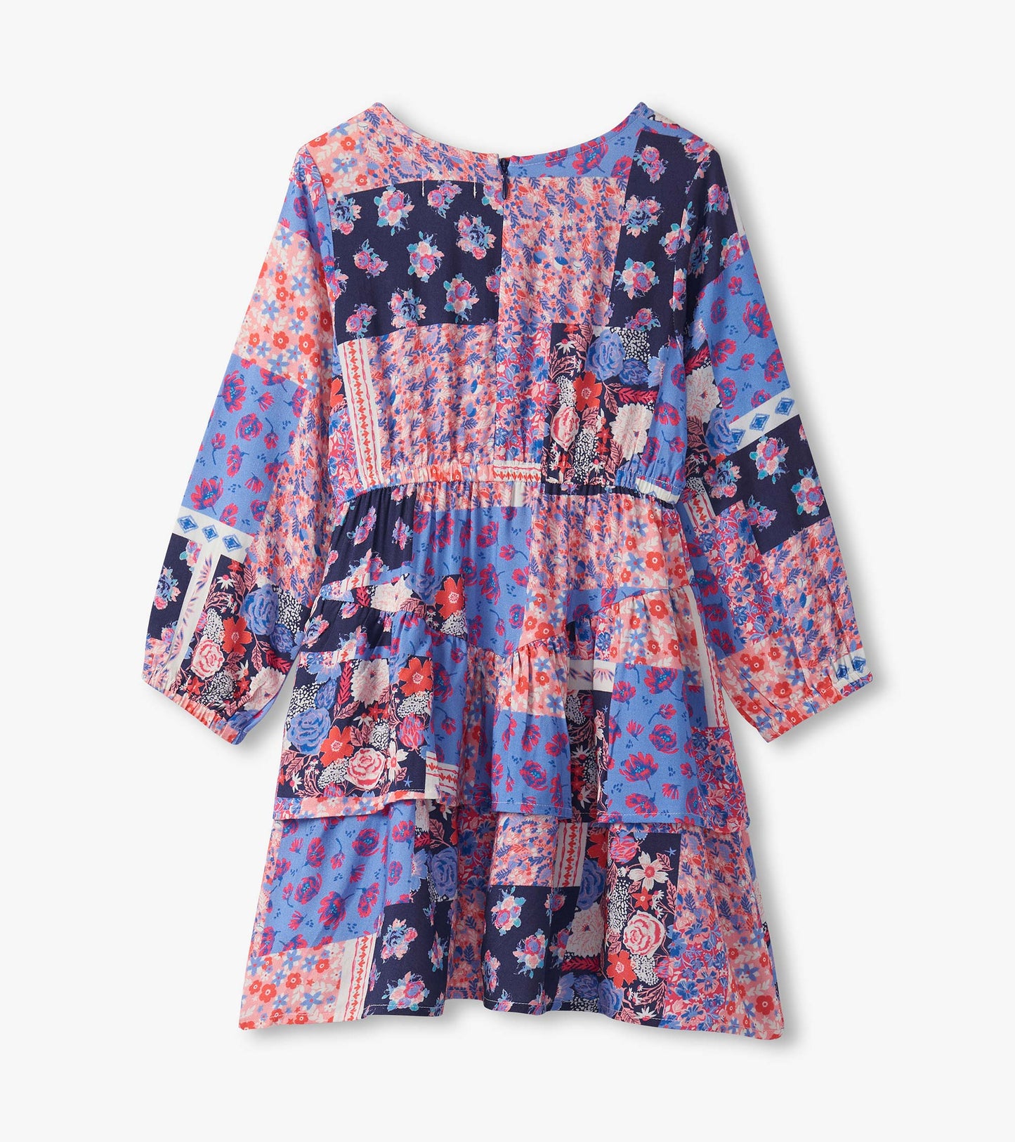 Colorful patchwork floral dress with long sleeves and flounce hem, featuring shades of blue, pink, and navy.
