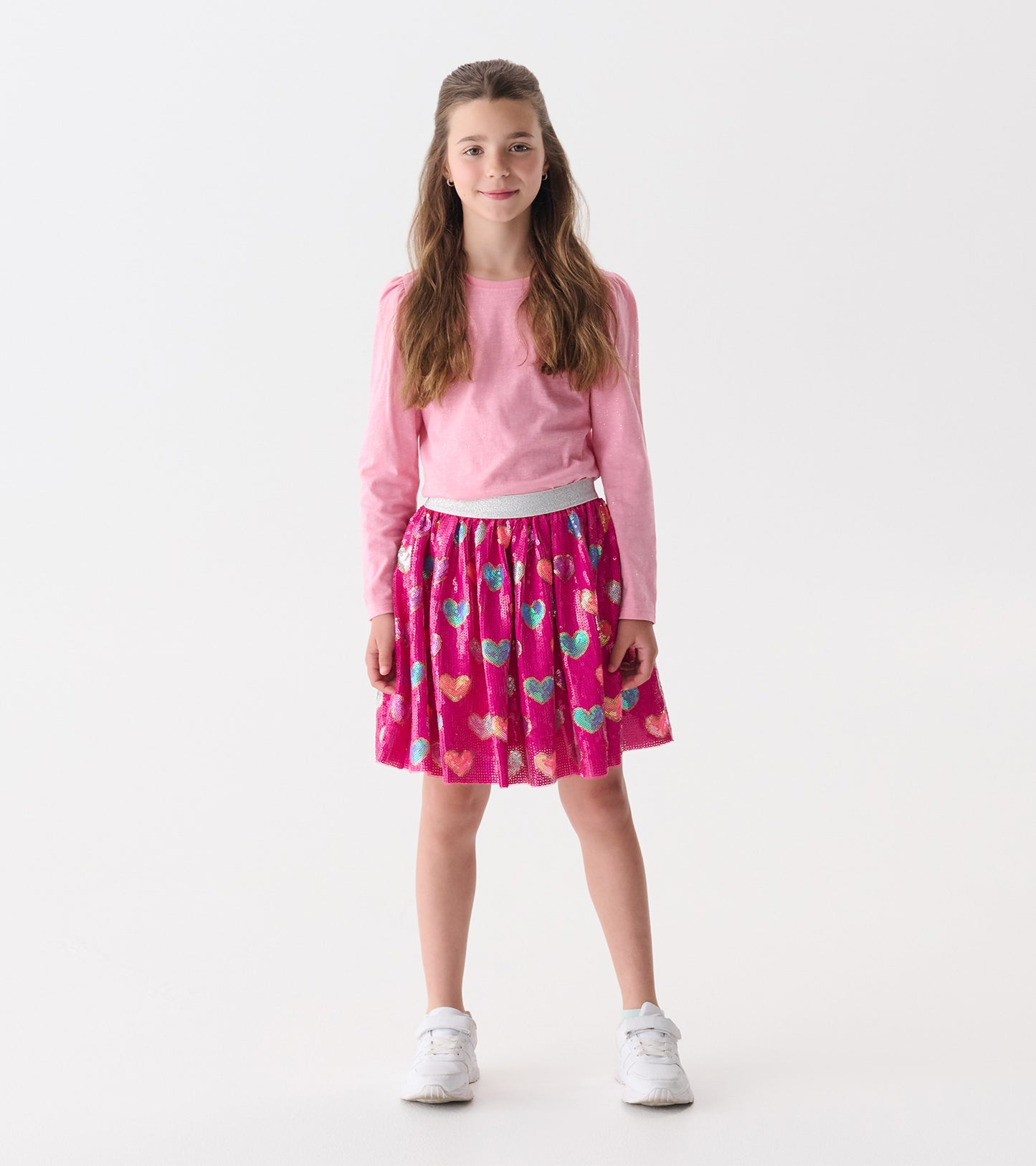 Girls Pink Busted Hearts Sequin Skirt