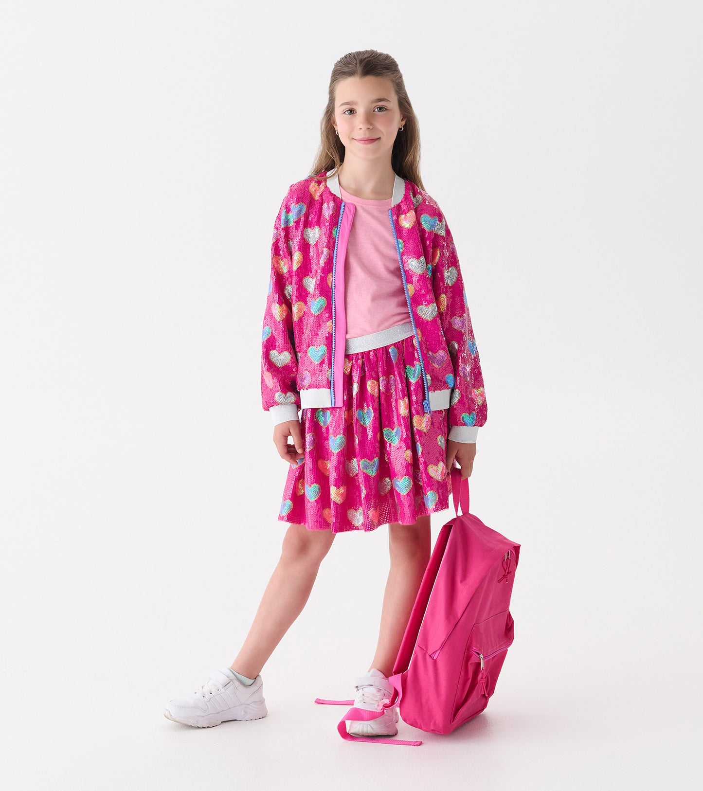 Girls Pink Busted Hearts Sequin Skirt