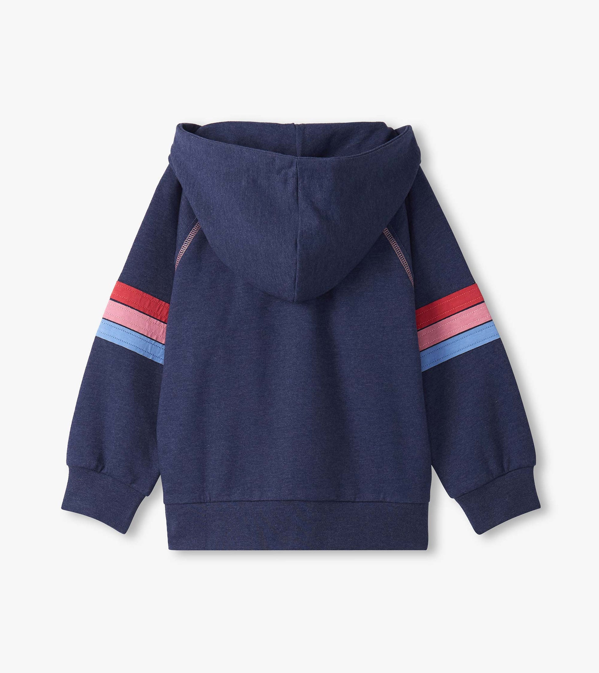 Navy zip-up hoodie with a hood and colorful striped accents on the sleeves. Back view displayed.