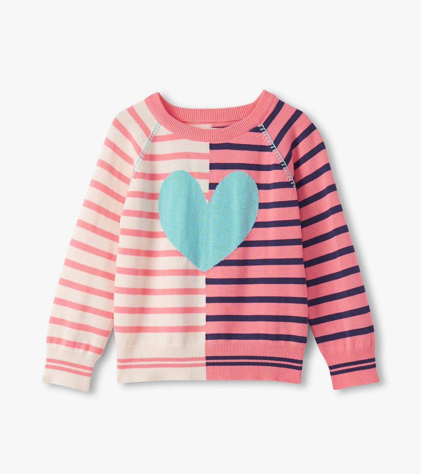 Striped sweater featuring a large turquoise heart, with pink and navy stripes, long sleeves, and a crew neckline.